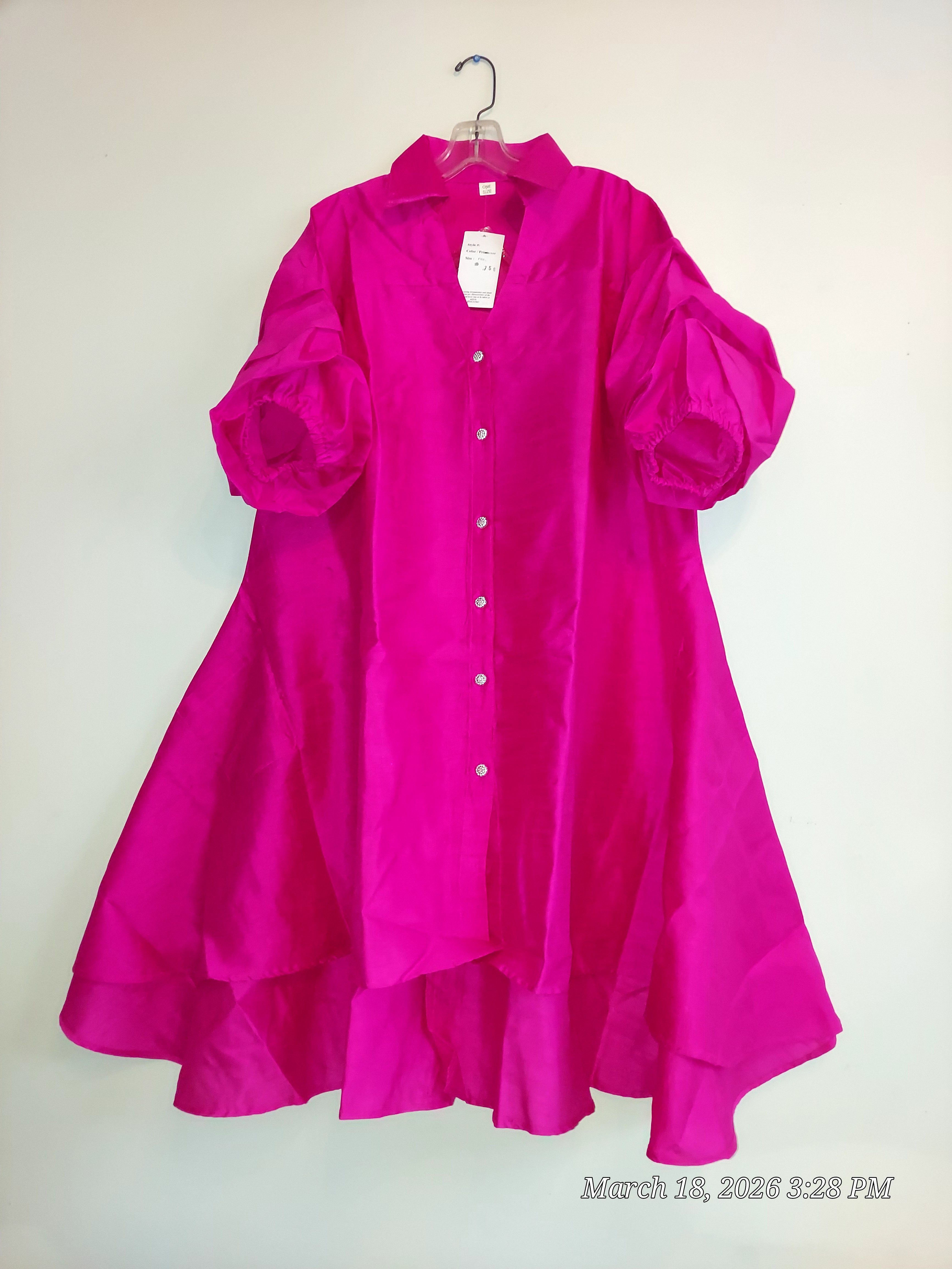 Swing Dress/ Faux Silk/ Ruffle Sleeve - 758 Bright Pink
