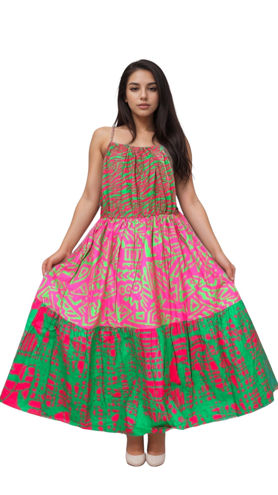 7709 Long Tube / Strap Dress-  Pink Print