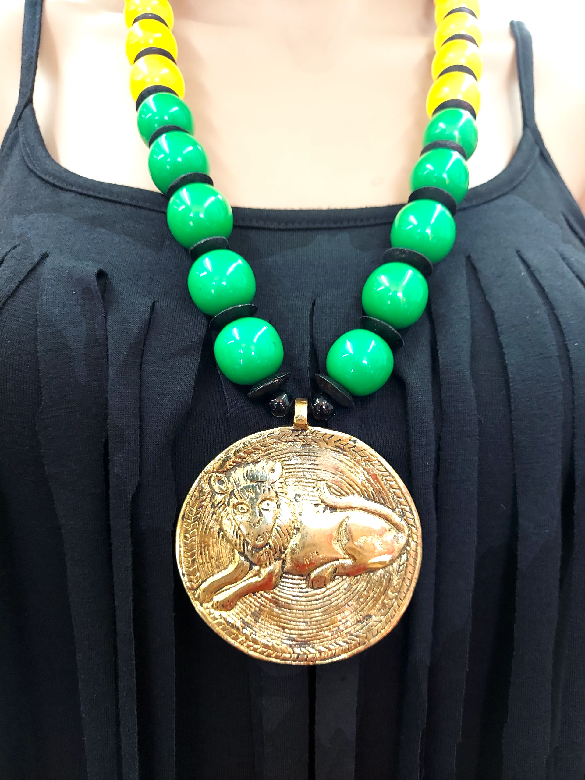 Beaded Pendant Necklace & Earrings Set- Rasta Lion