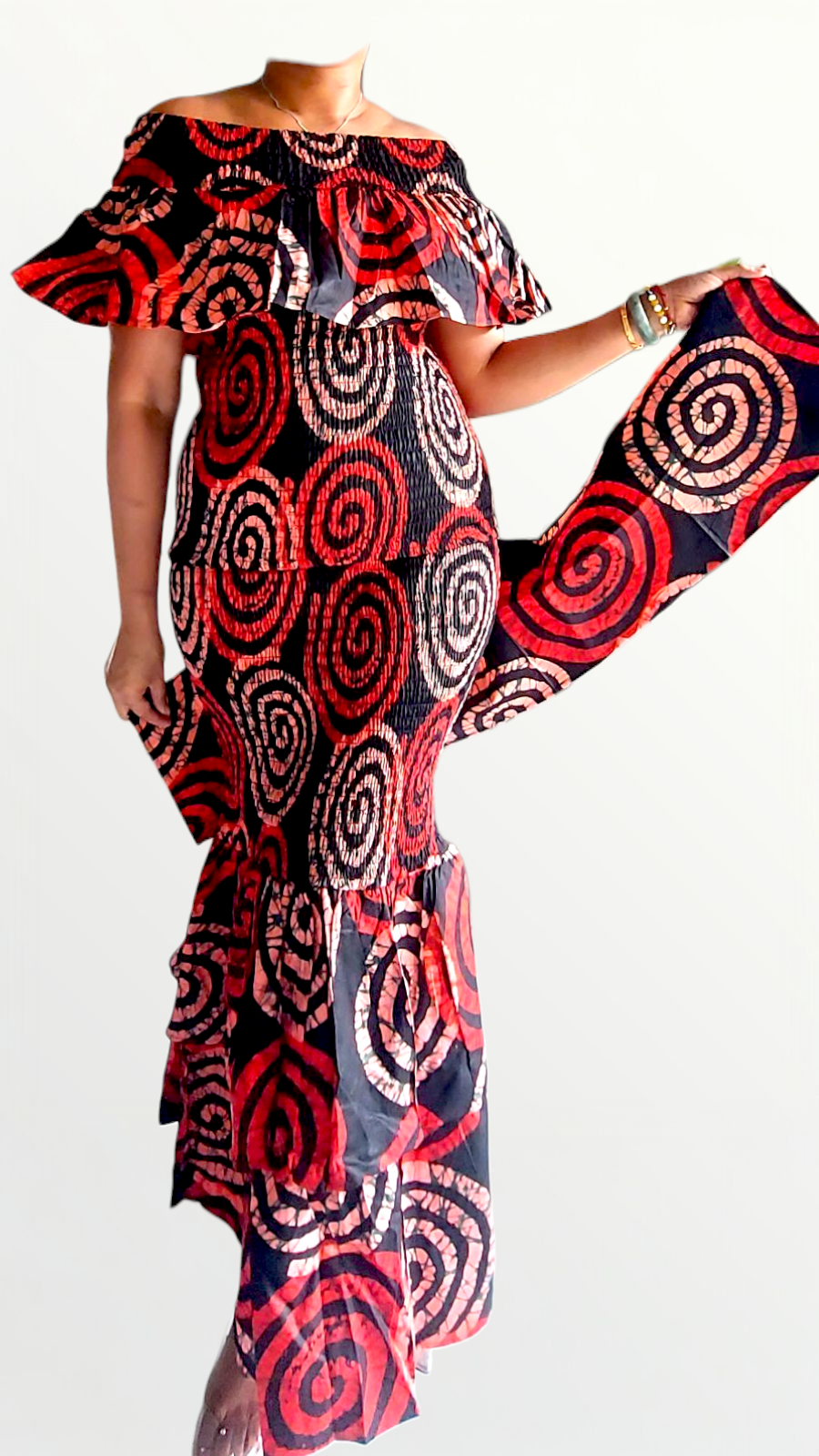 Smocked fitted & flare Skirt & Blouse Set-DRS019 Red