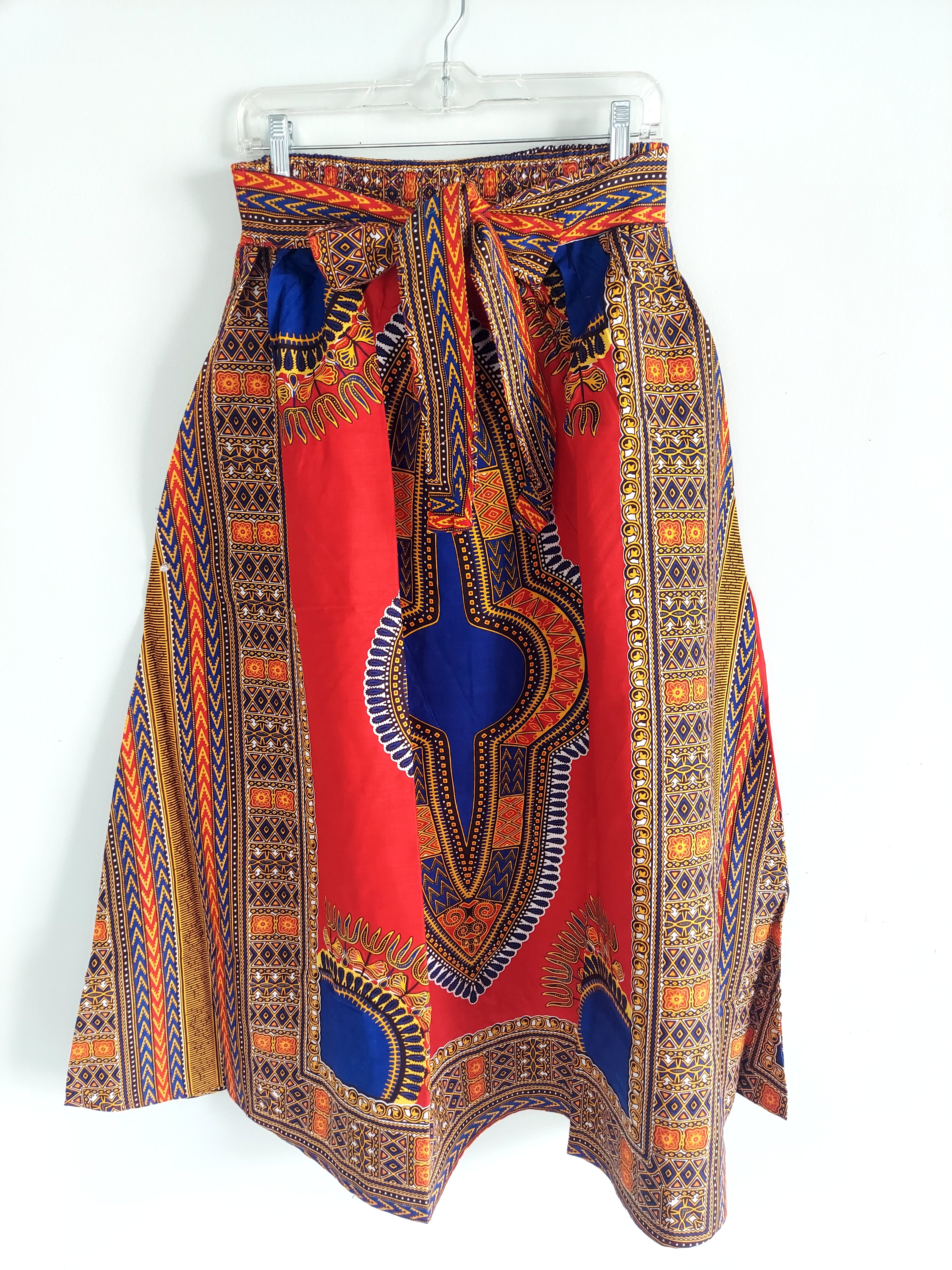 Women Long Dashiki Print Skirt - 6011D Red/Blue