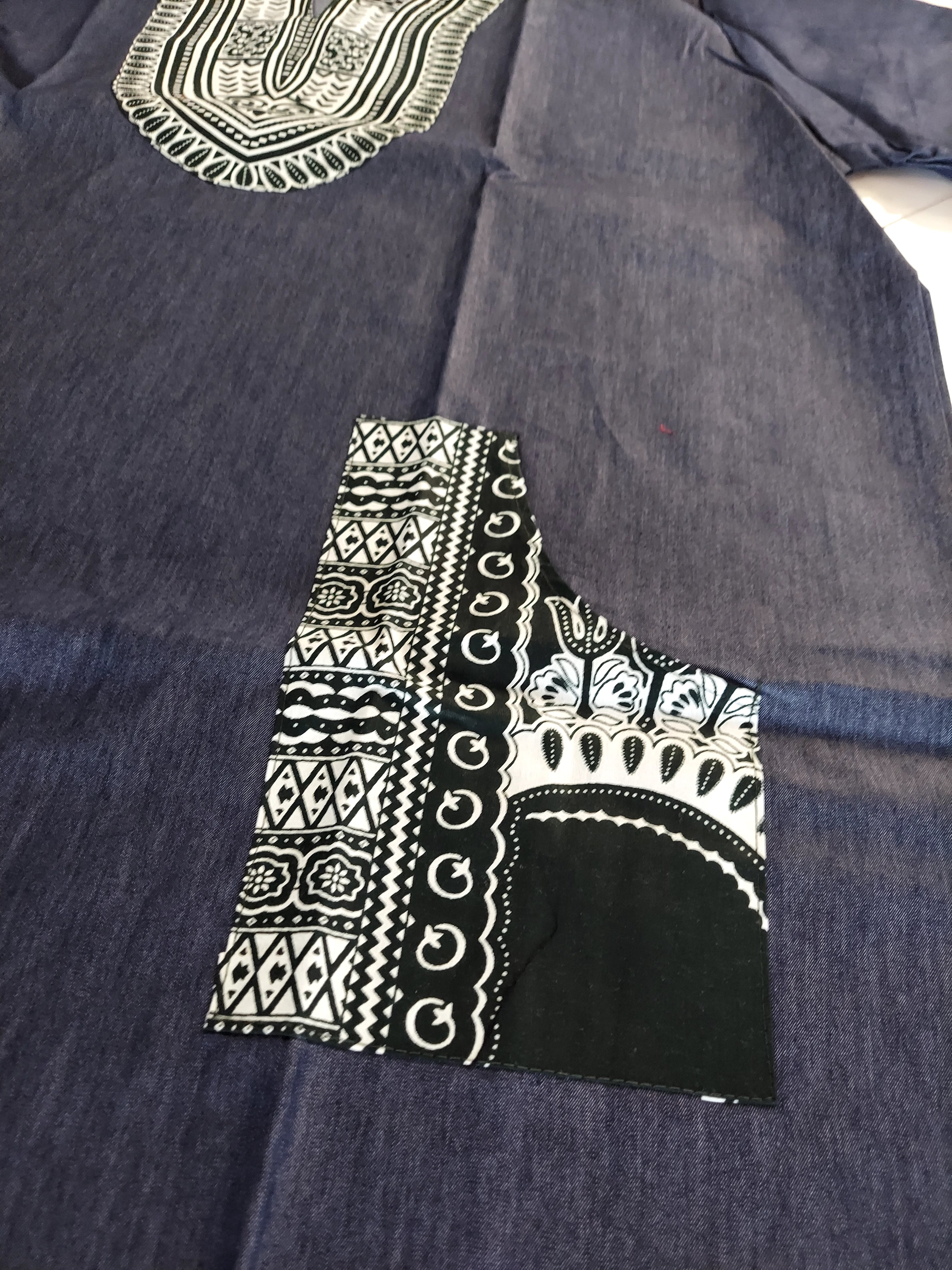 Denim / Dashiki kaftan Dress- Darkest Green