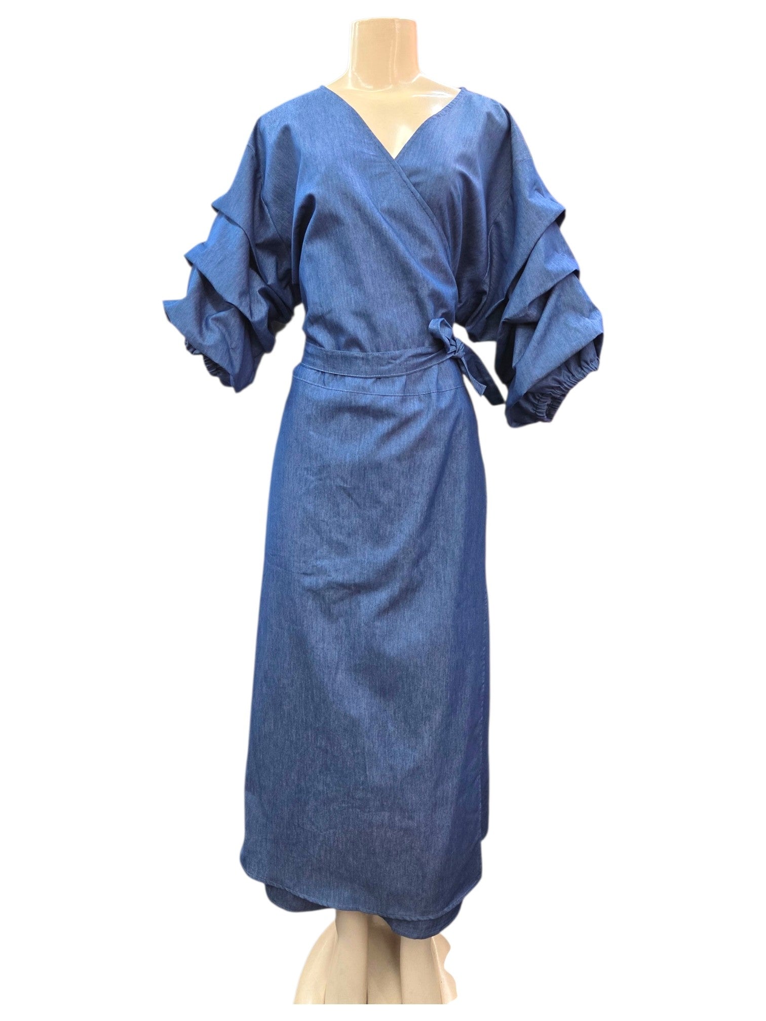 Denim Wrap Dress With Ruffle Sleeve S2