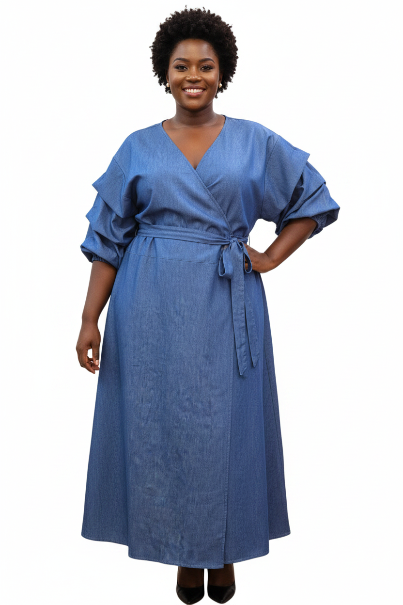 Denim Wrap Dress With Ruffle Sleeve S2