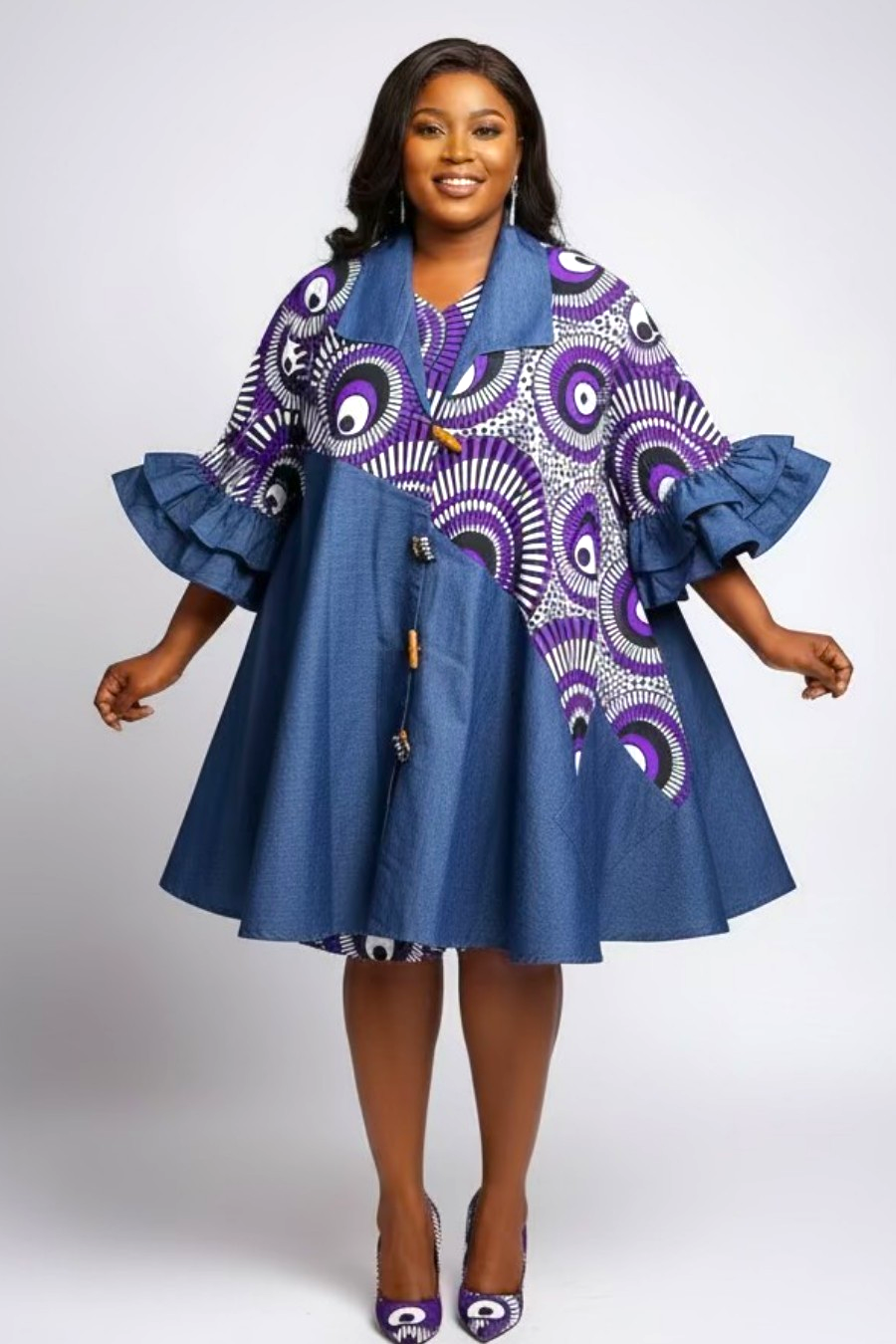 Denim Shirt Dress with Ankara African Print 3139-J