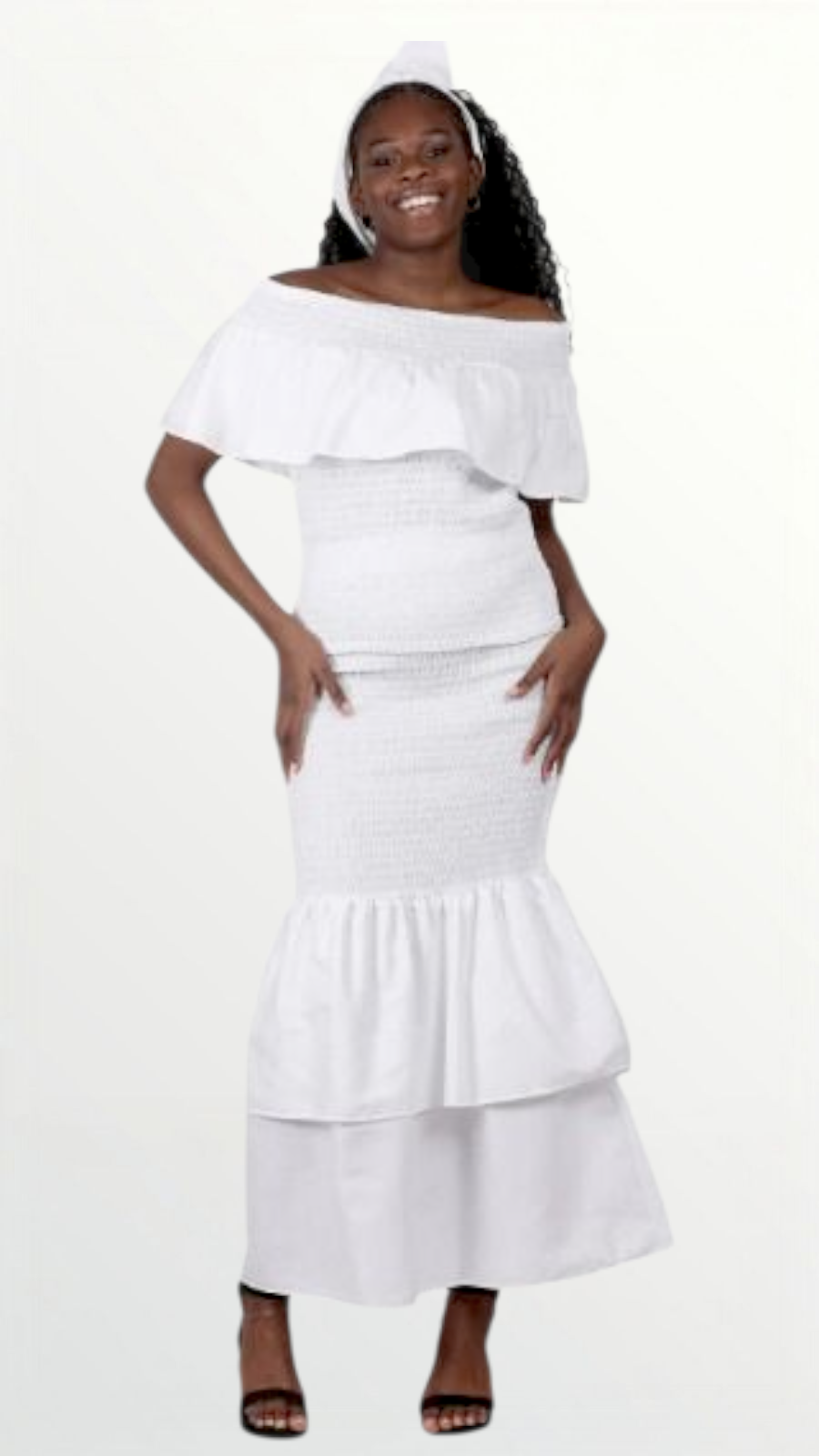 Smocked fitted & flare Skirt & Blouse Set-DRS019 White