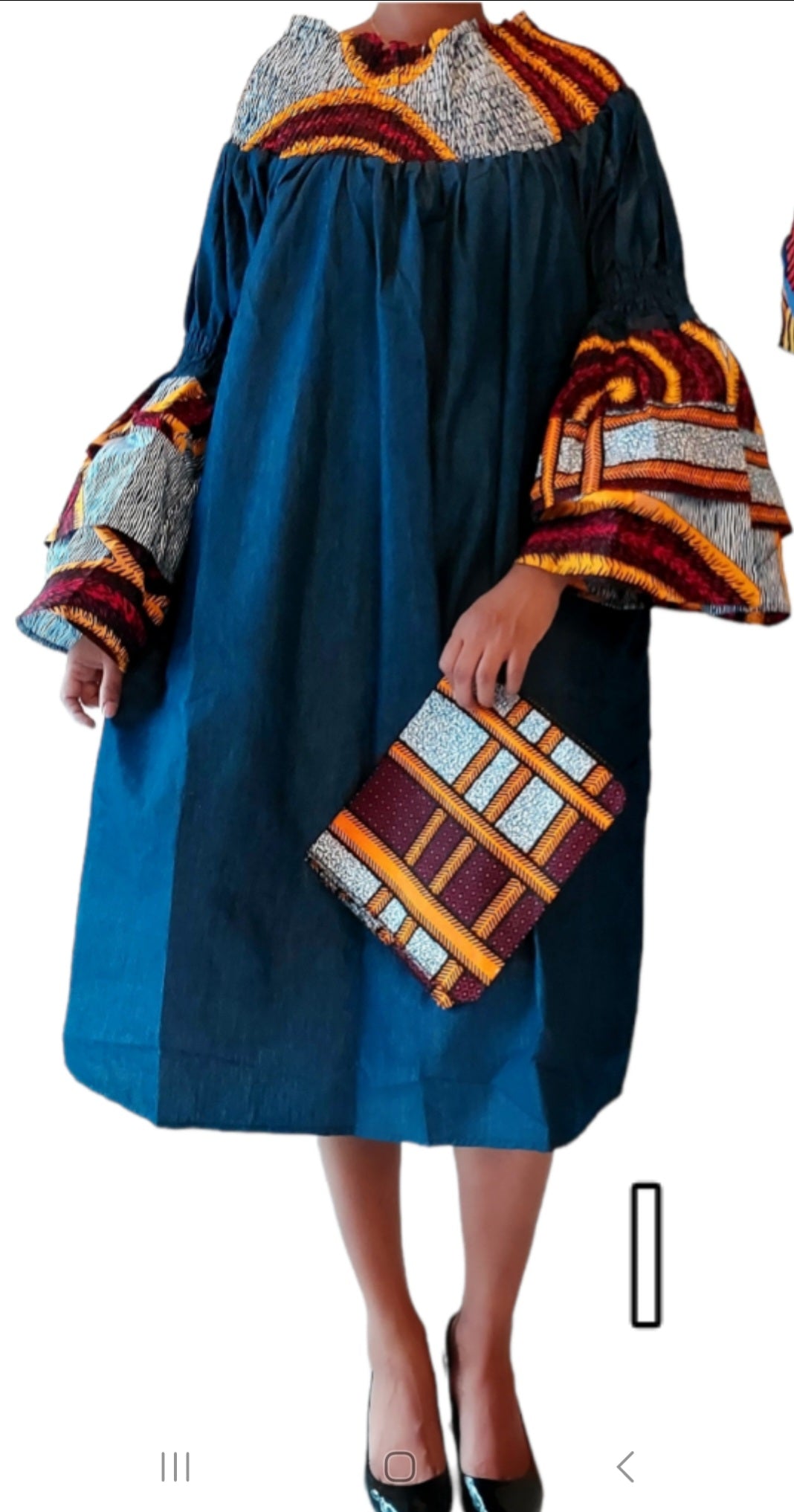 Off Shoulder Denim /Ankara Printed Dress - DMP29 India Batik Off Shoulder Denim /Ankara Printed Dress - DMP29 India Batik