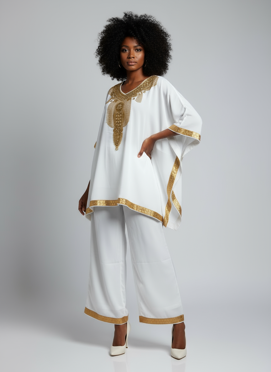 kaftan Palazzo Set White And Gold - kP05