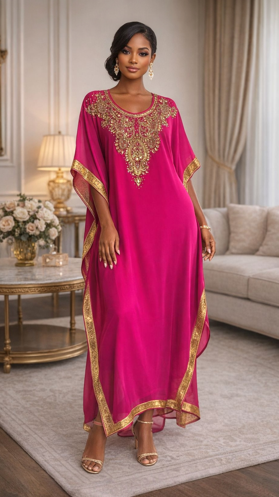 Beaded kaftan Dress With Gold Border J103