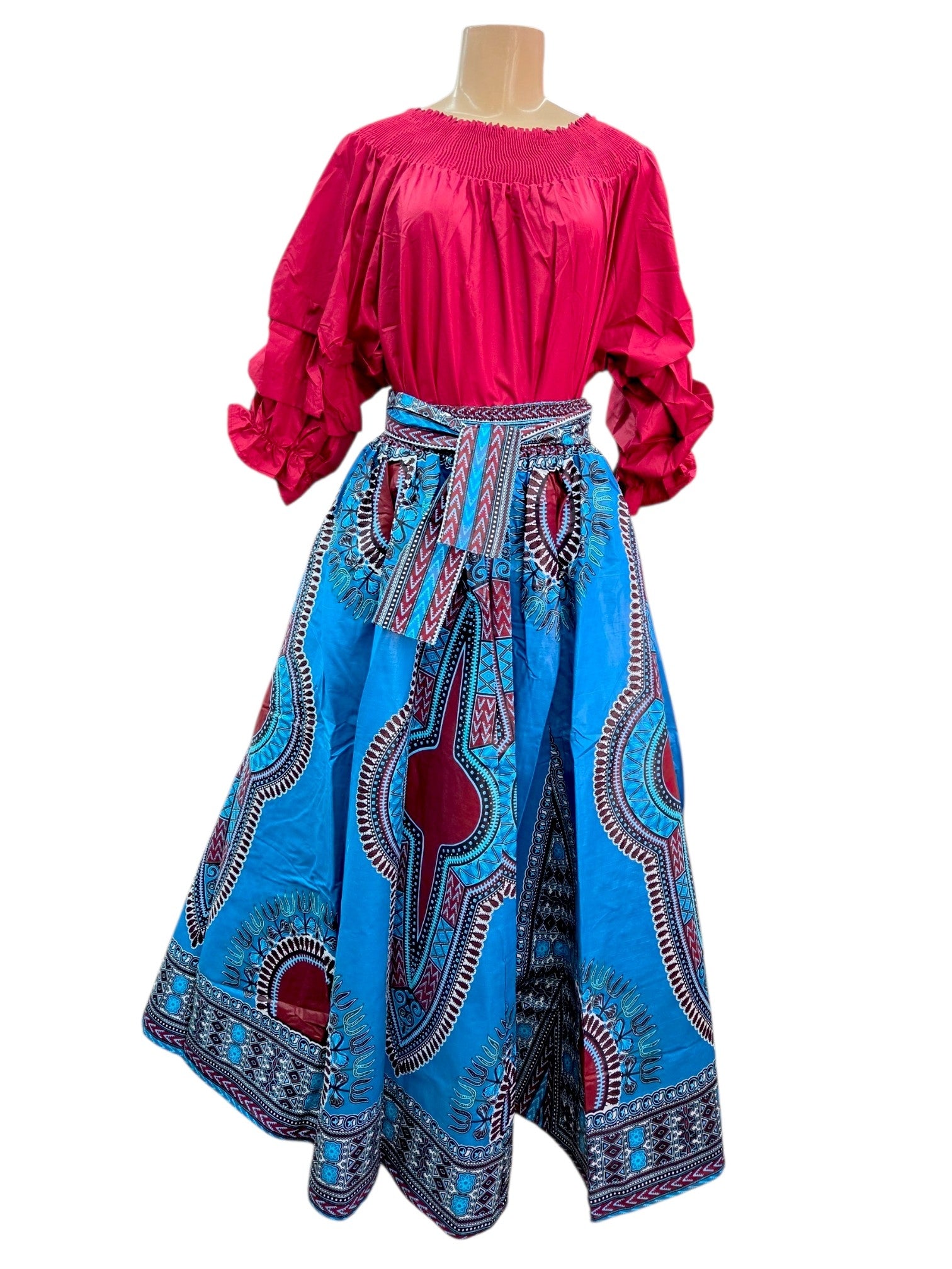 Maxi Skirt African Dashiki - Blue /Burgundy 7001