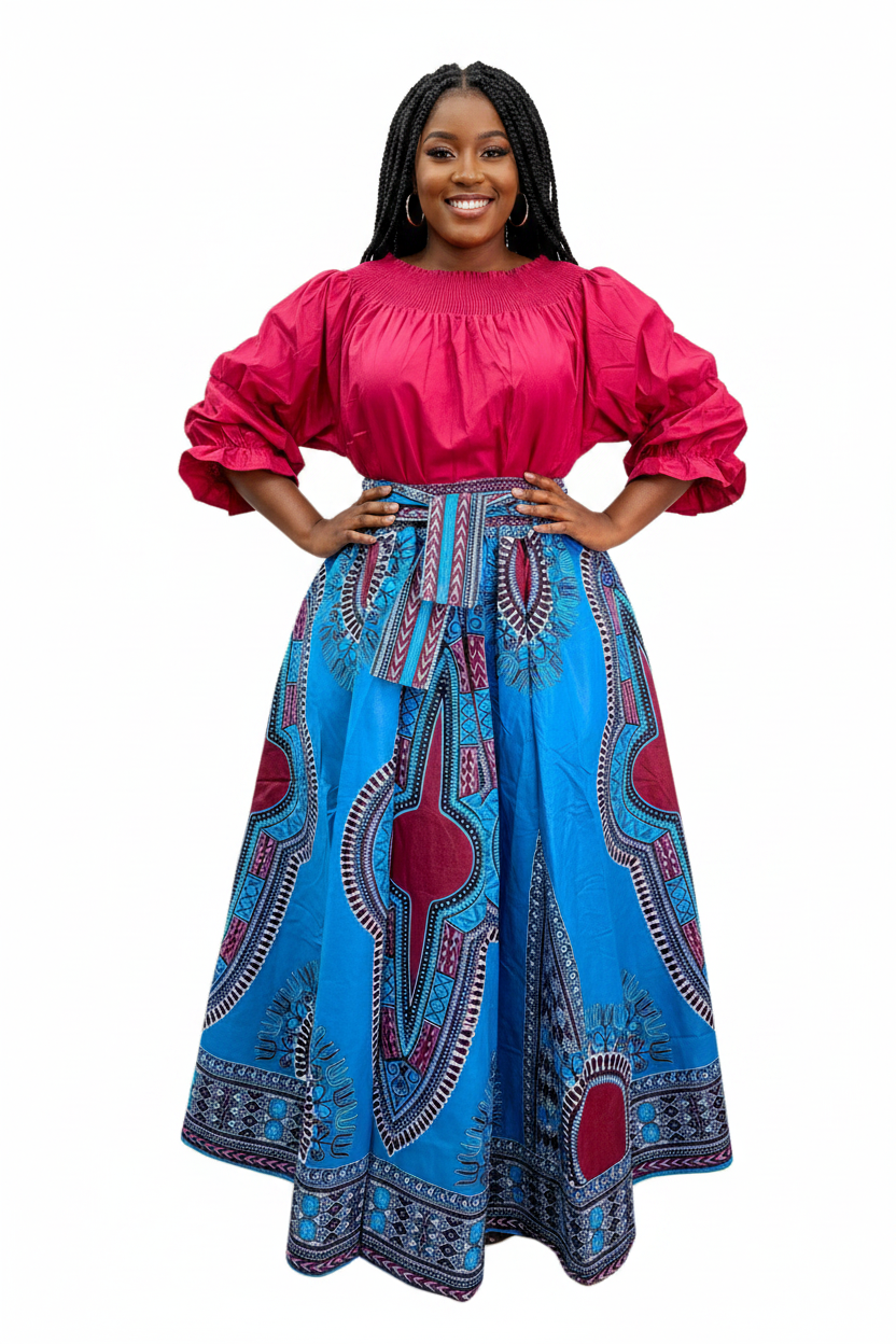 Maxi Skirt African Dashiki - Blue /Burgundy 7001