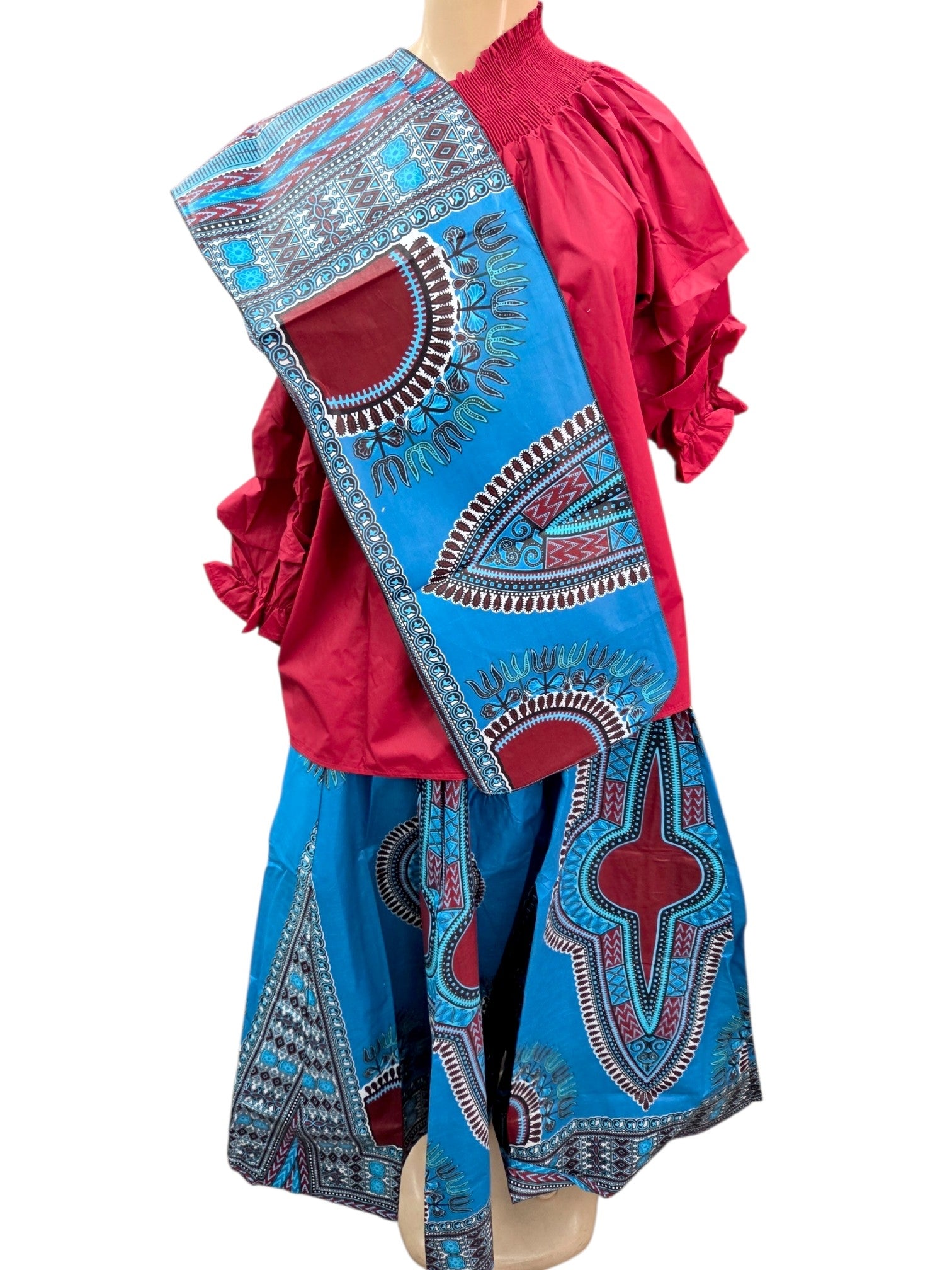 Maxi Skirt African Dashiki - Blue /Burgundy 7001