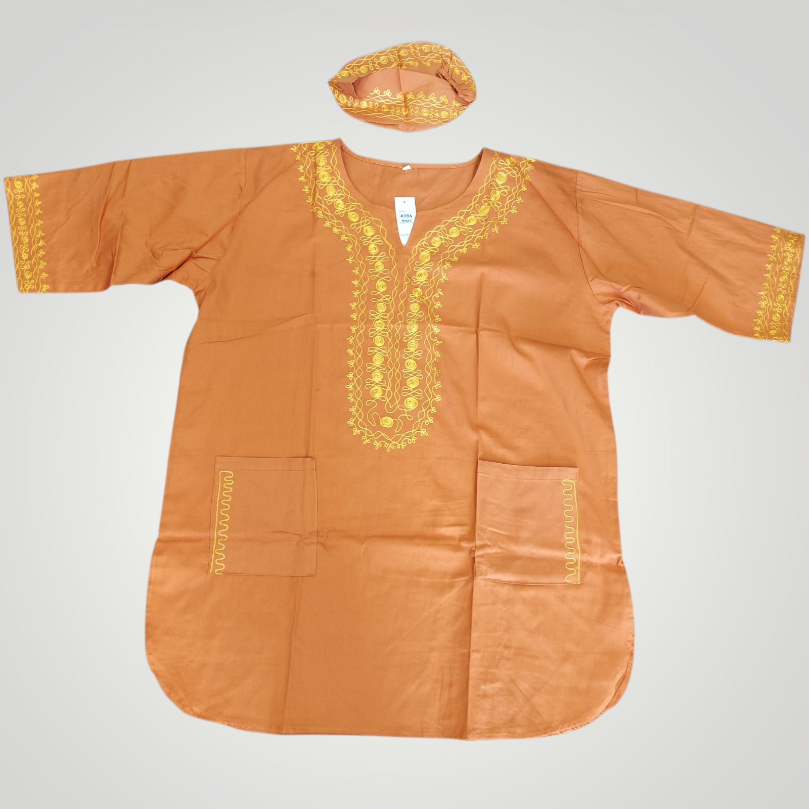 Men’s 3-Piece Embroidered Traditional Set – Kufi Hat, Tunic Shirt & Long Pant 764 Rust