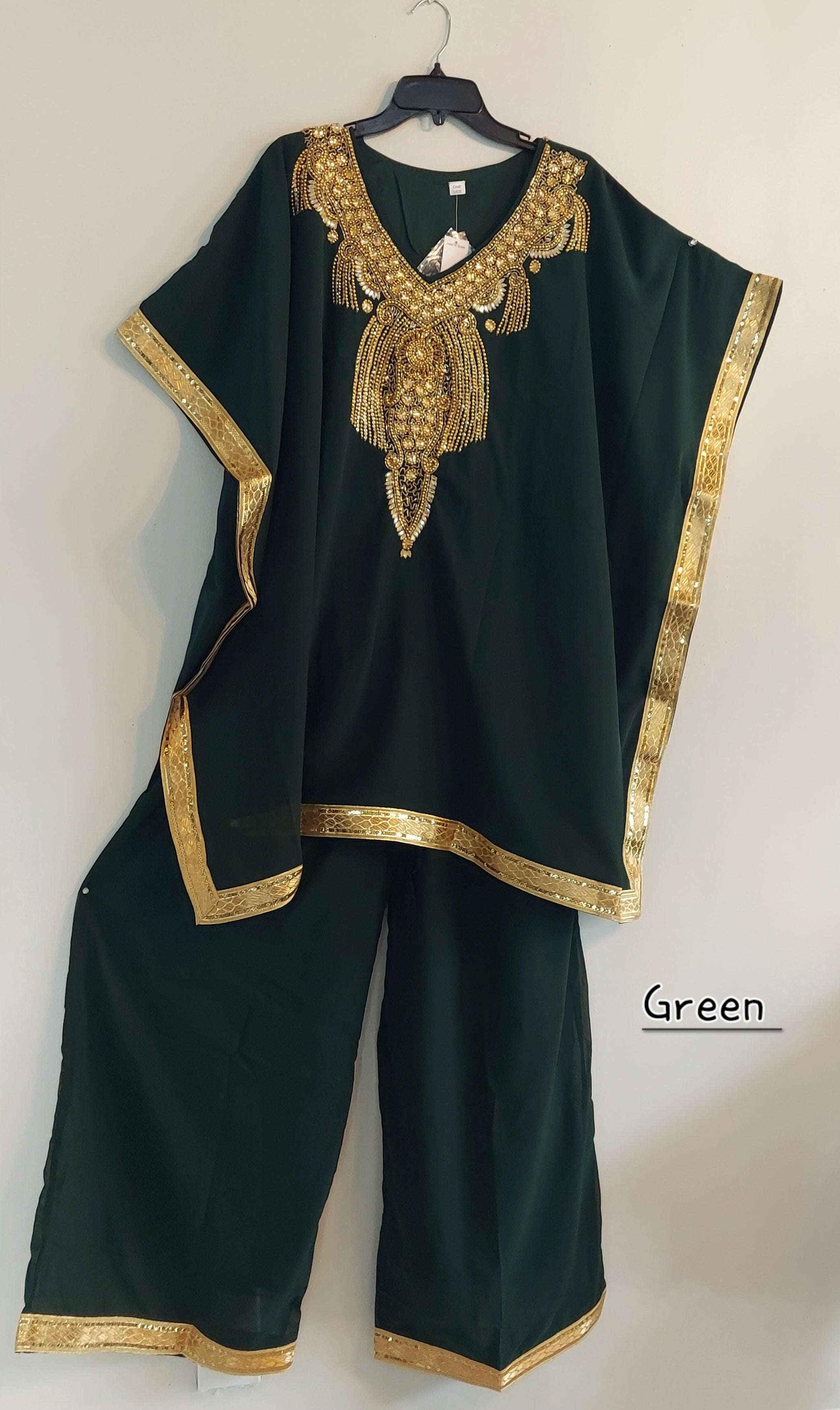 kaftan Palazzo Set Hunter Green And Gold - kP05