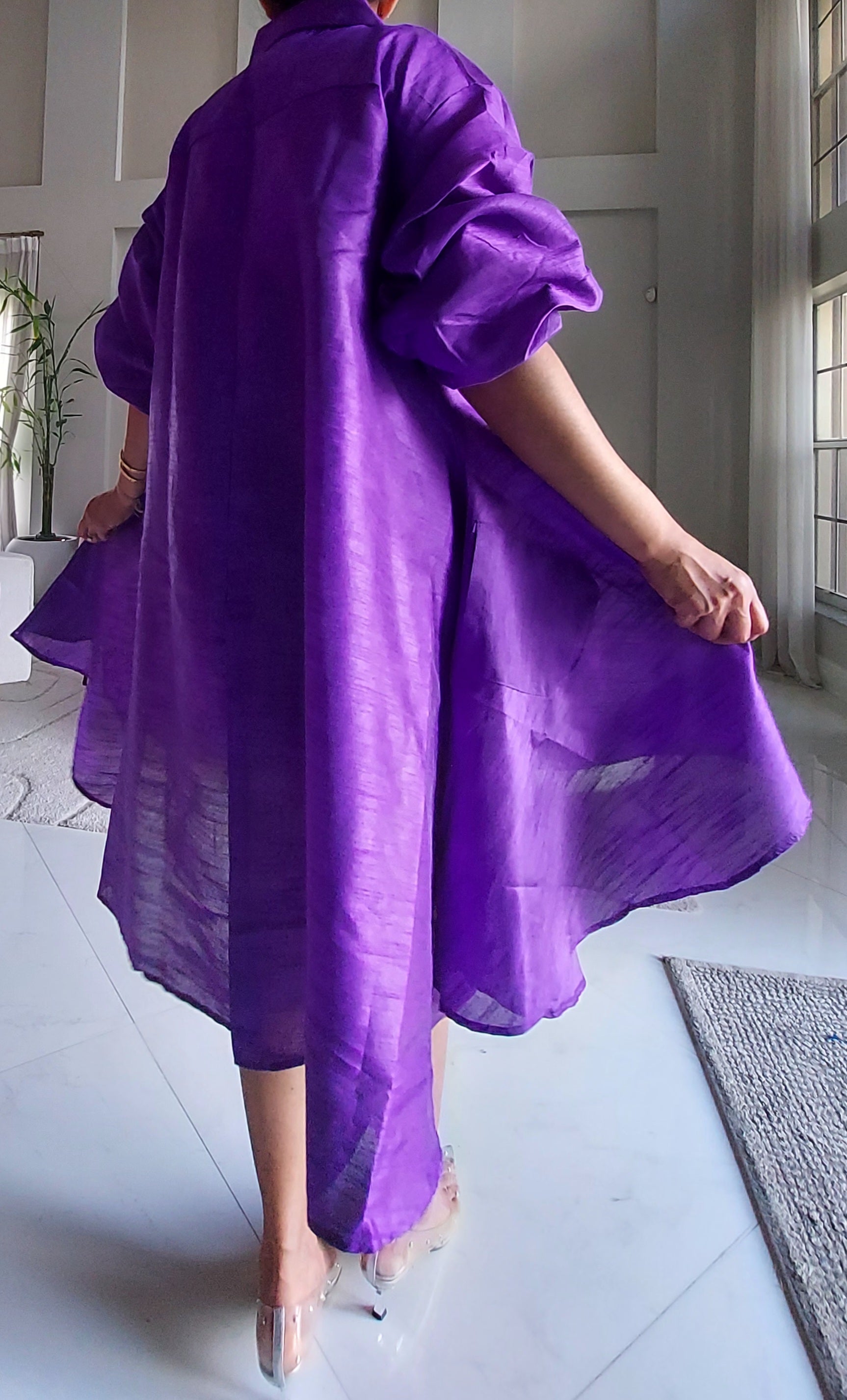 Swing Dress/ Faux Silk/ Ruffle Sleeve - 758 Purple