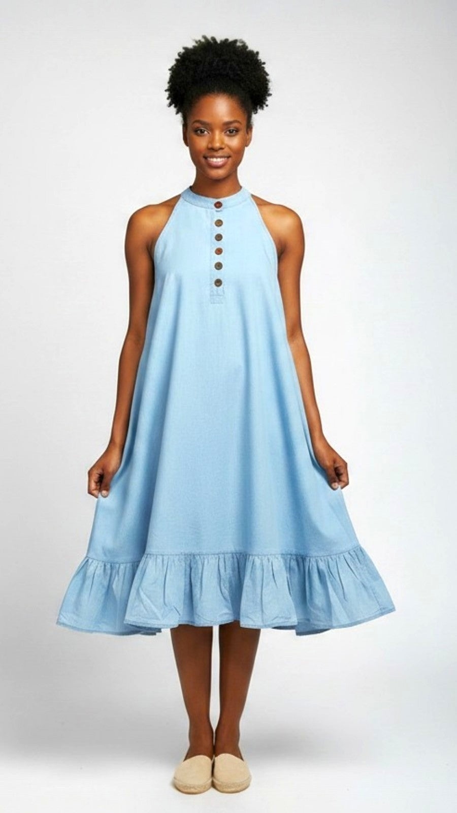 Haltered Neck Button Middi Dress 796 Light Denim