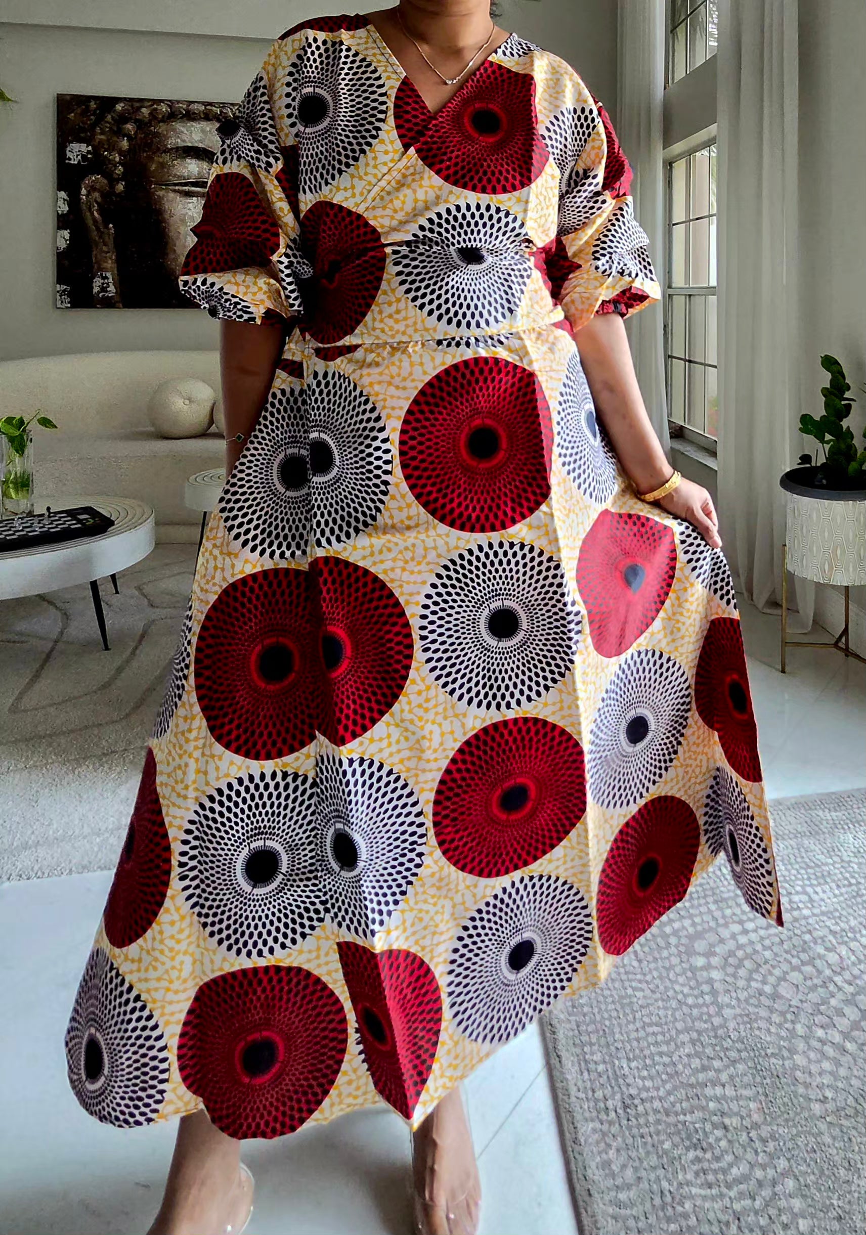 746 Wrap Dress With Puffed Sleeves Print 829