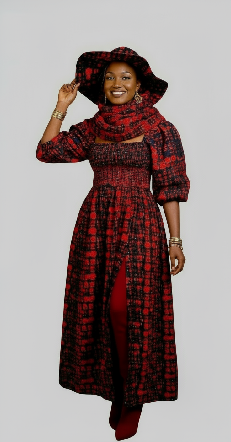 Maxi Slit Dress with Hat & Scarf Set SD01 Red