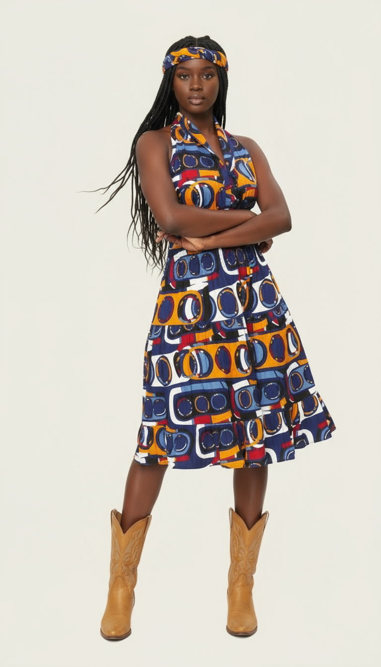 5006 - Woman's Mid-Length Smock Dress With Scarf