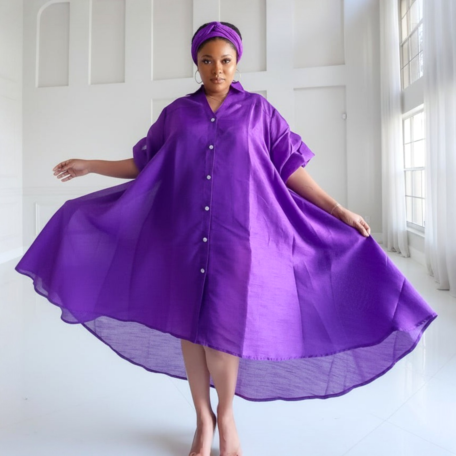 Swing Dress/ Faux Silk/ Ruffle Sleeve - 758 Purple