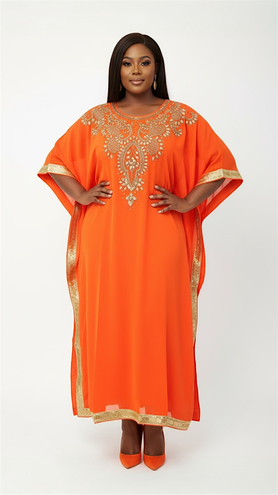 Beaded kaftan Dress With Gold Border J103
