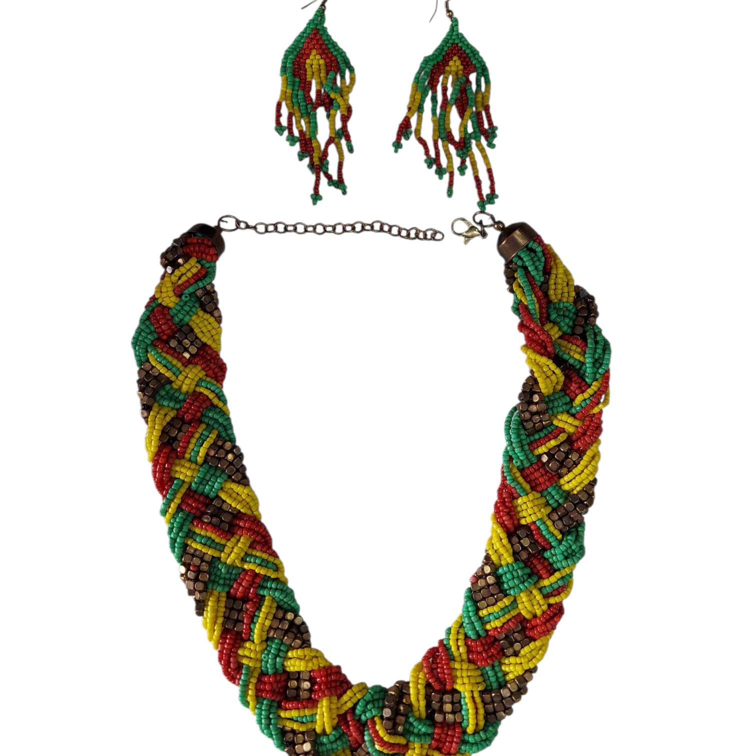 Necklace & Earrings Set / Braided Beads- Rasta