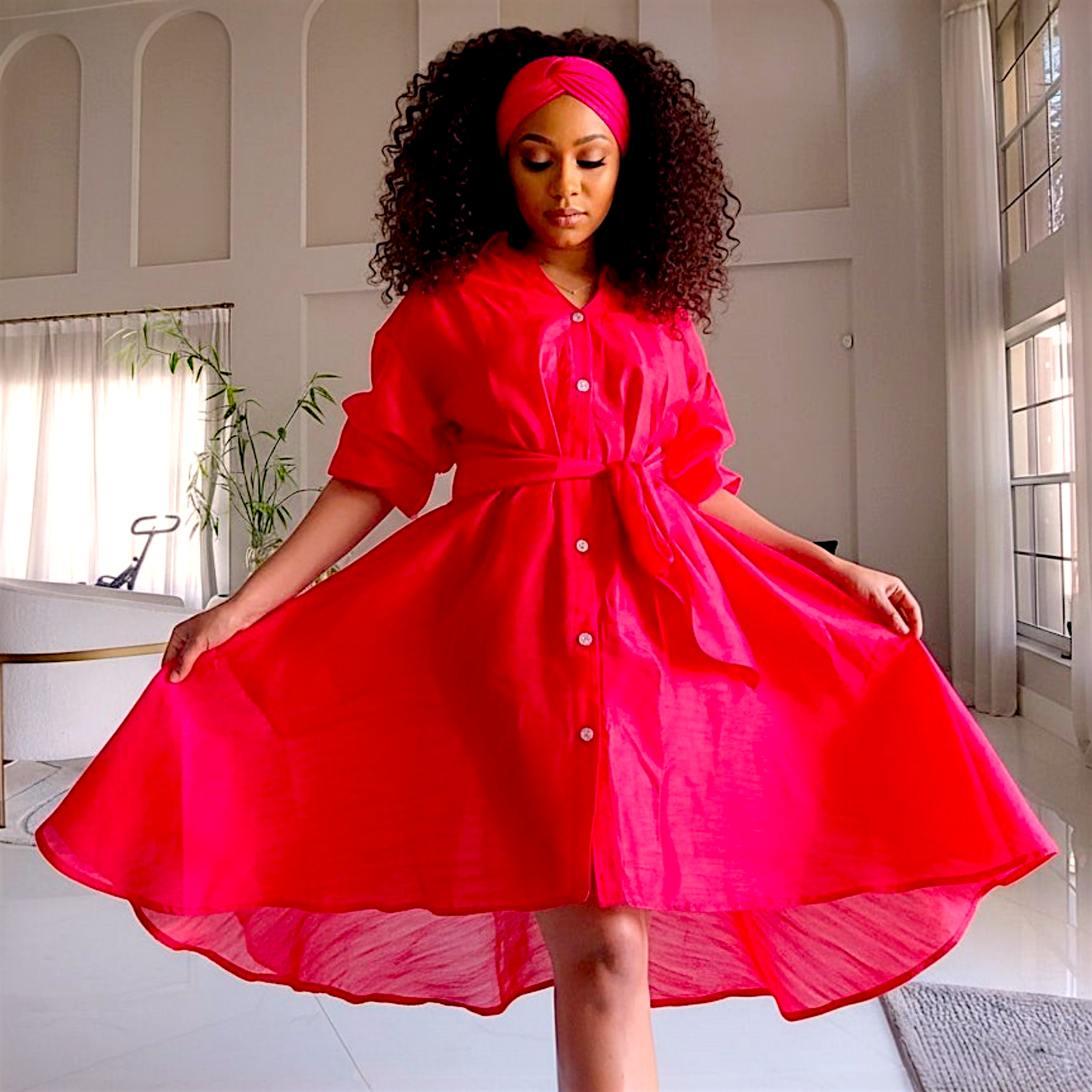 Swing Dress/ Faux Silk/ Ruffle Sleeve - 758 Red