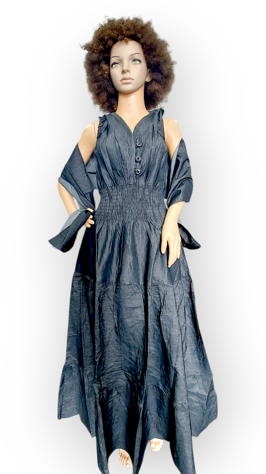 Smocked Halter Dress With Scarf Black Denim - 3028L