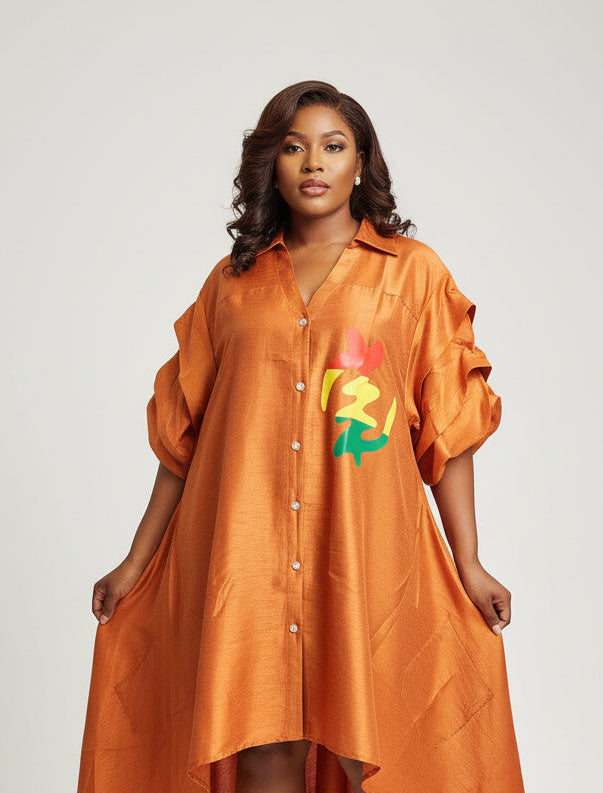 Swing Dress/ Faux Silk/ Ruffle Sleeve With Gyname Decal 758G Rust Orange
