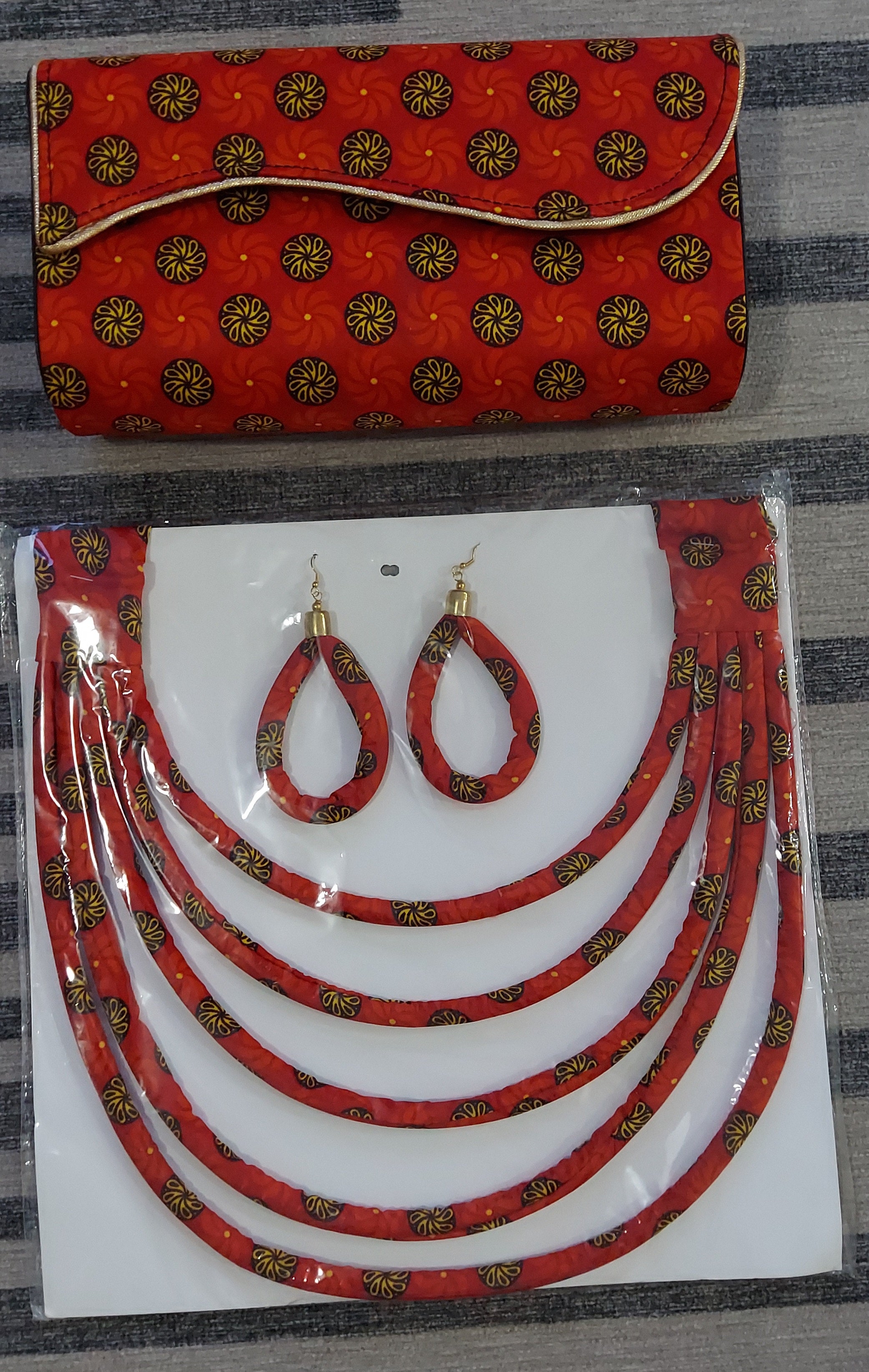 Clutch Bag & Rope  Necklace Set /African Kente /Ankara 22 Red