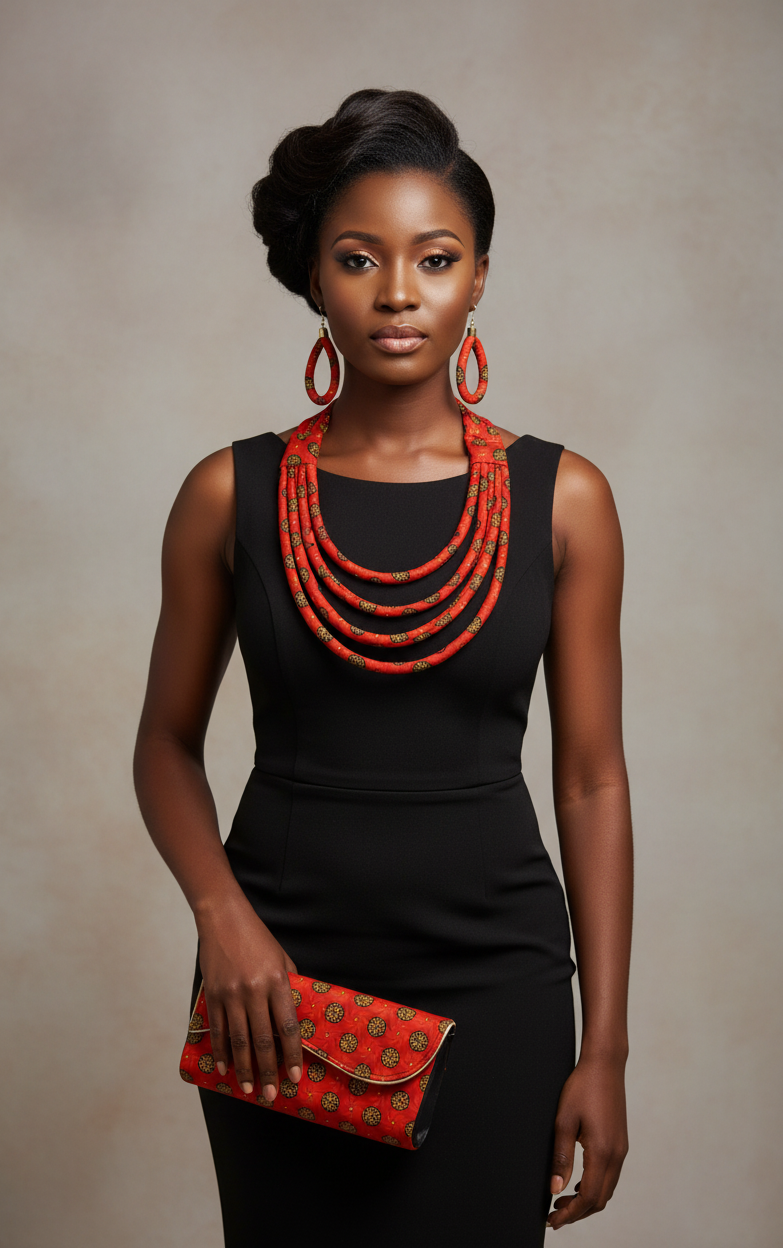 Clutch Bag & Rope  Necklace Set /African Kente /Ankara 22 Red