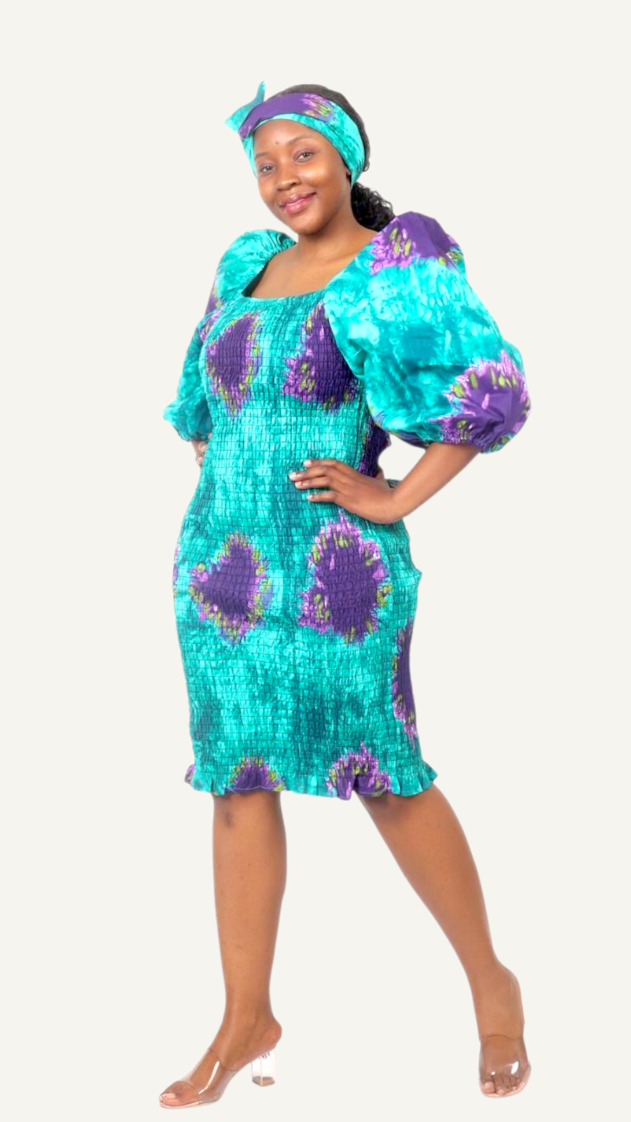 Fitted Smock Mid length Dress/ Puff Sleeve-KVZ35 Turquoise