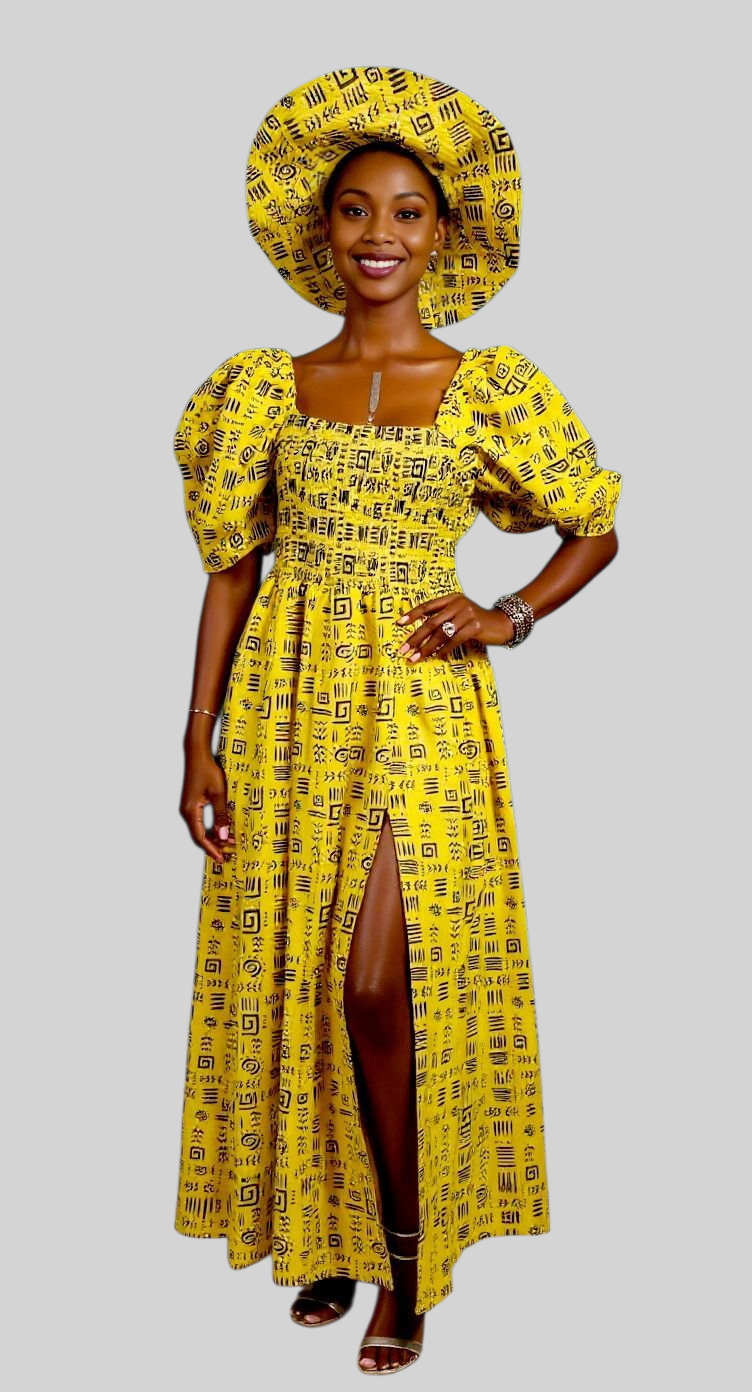 Maxi Slit Dress with Hat & Scarf Set SD01 Yellow