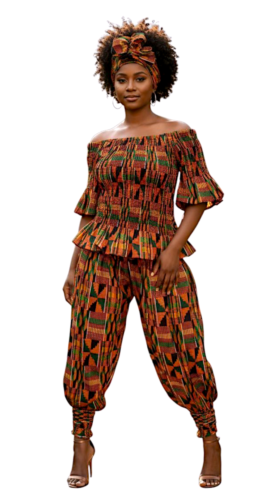 Ladie's African Print Smock & Flare Blouse- Orange Kente