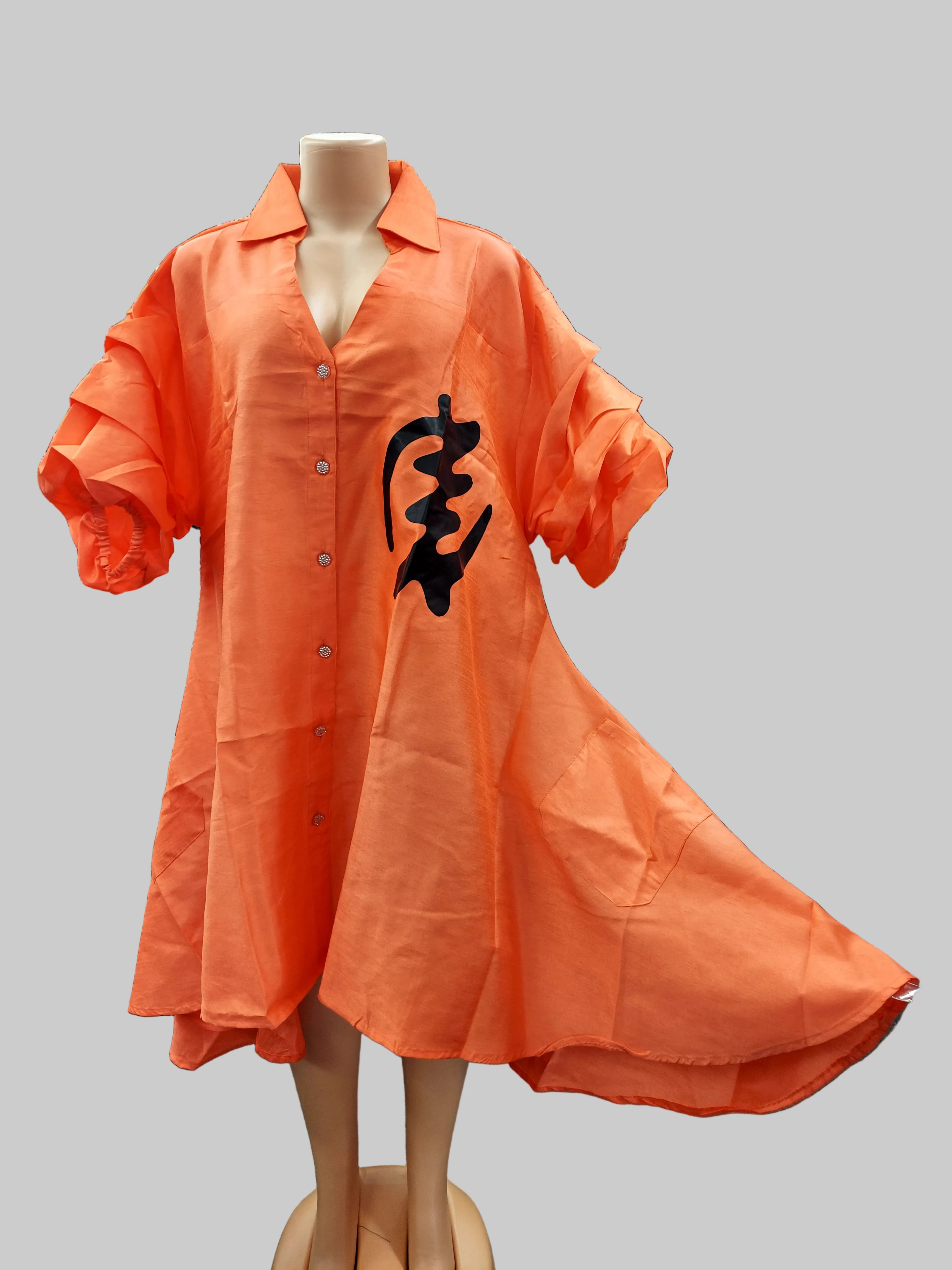 Swing Dress/ Faux Silk/ Ruffle Sleeve With Gyname Decal 758G Orange