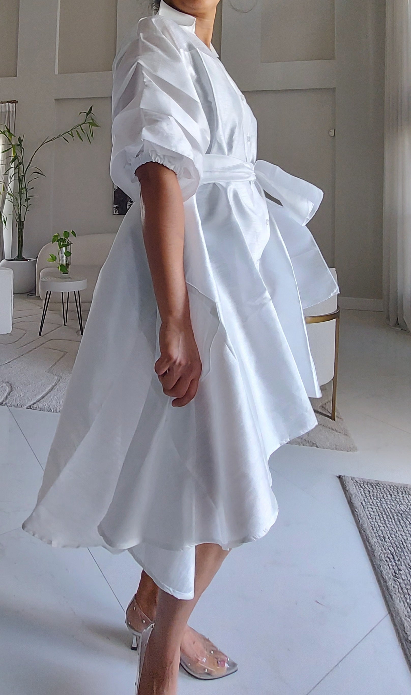 Swing Dress/ Faux Silk/ Ruffle Sleeve - White 758