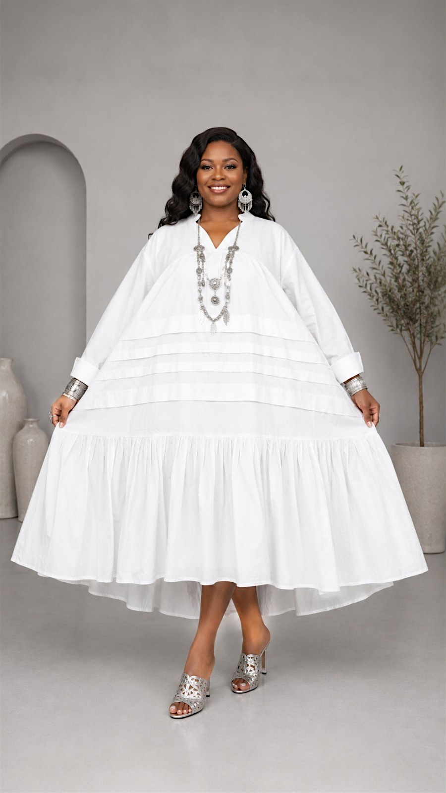 Tiered Midi Dress White-7580