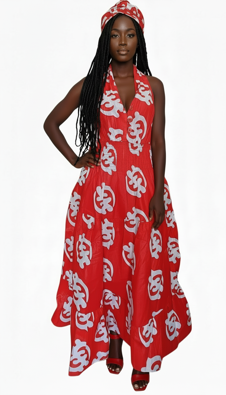 Smocked Halter Dress With Scarf Red Gynamee- 3028L