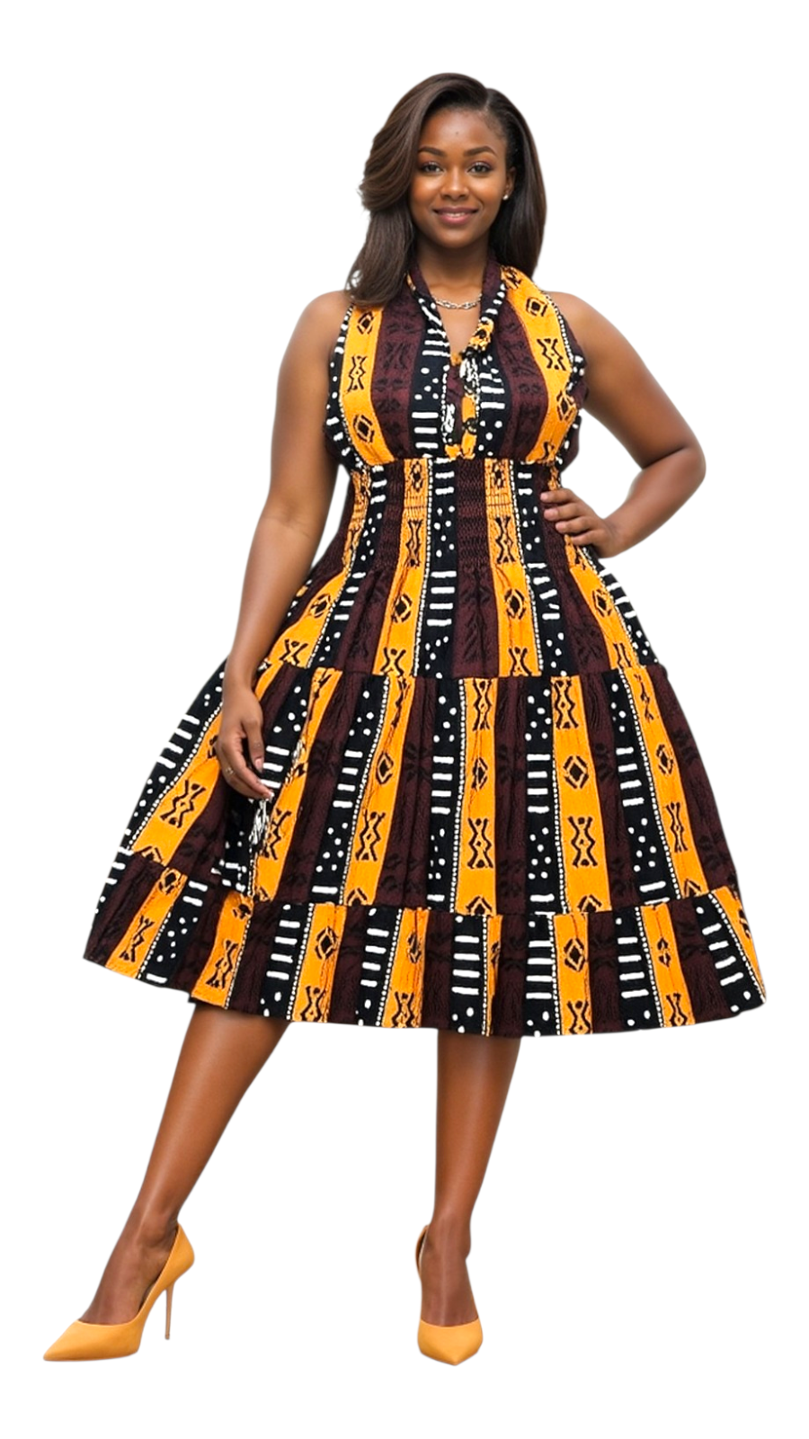 5006 - Woman's Mid-Length Smock Dress Yellow/Multi