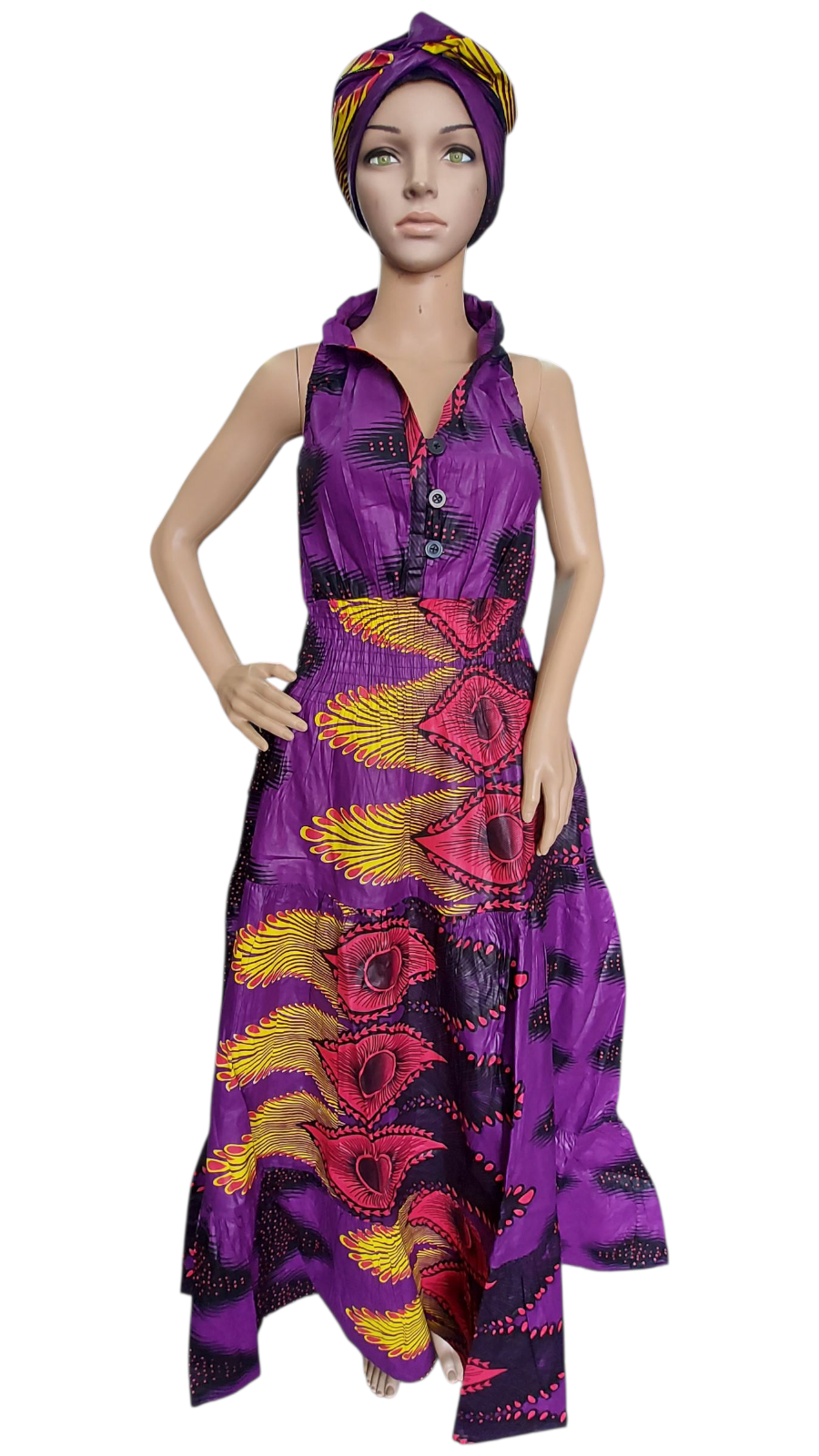 Smocked Halter Dress With Scarf Purple Peacock- 3028L