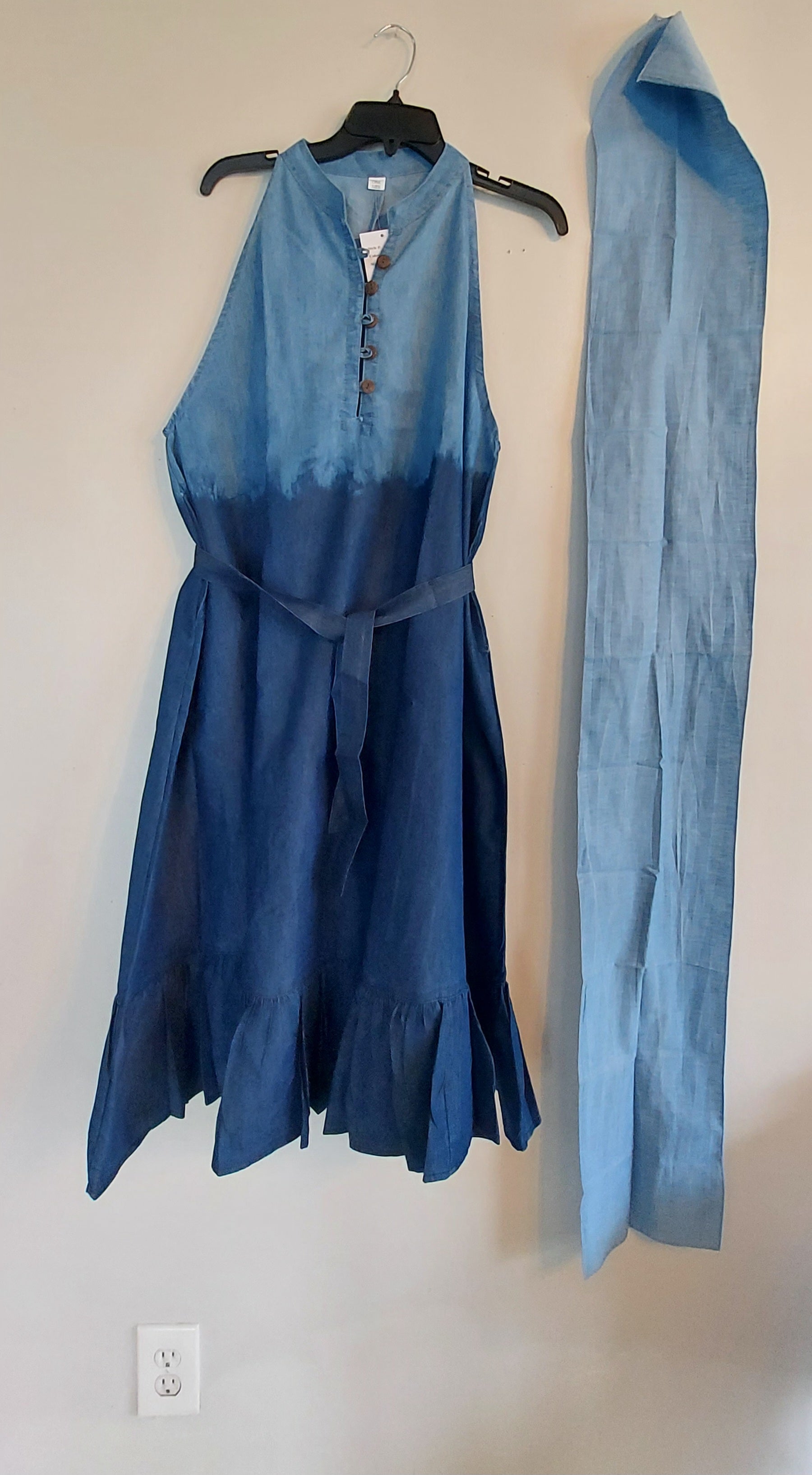 Haltered Neck Button Middi Dress 796 Two Tone  Denim