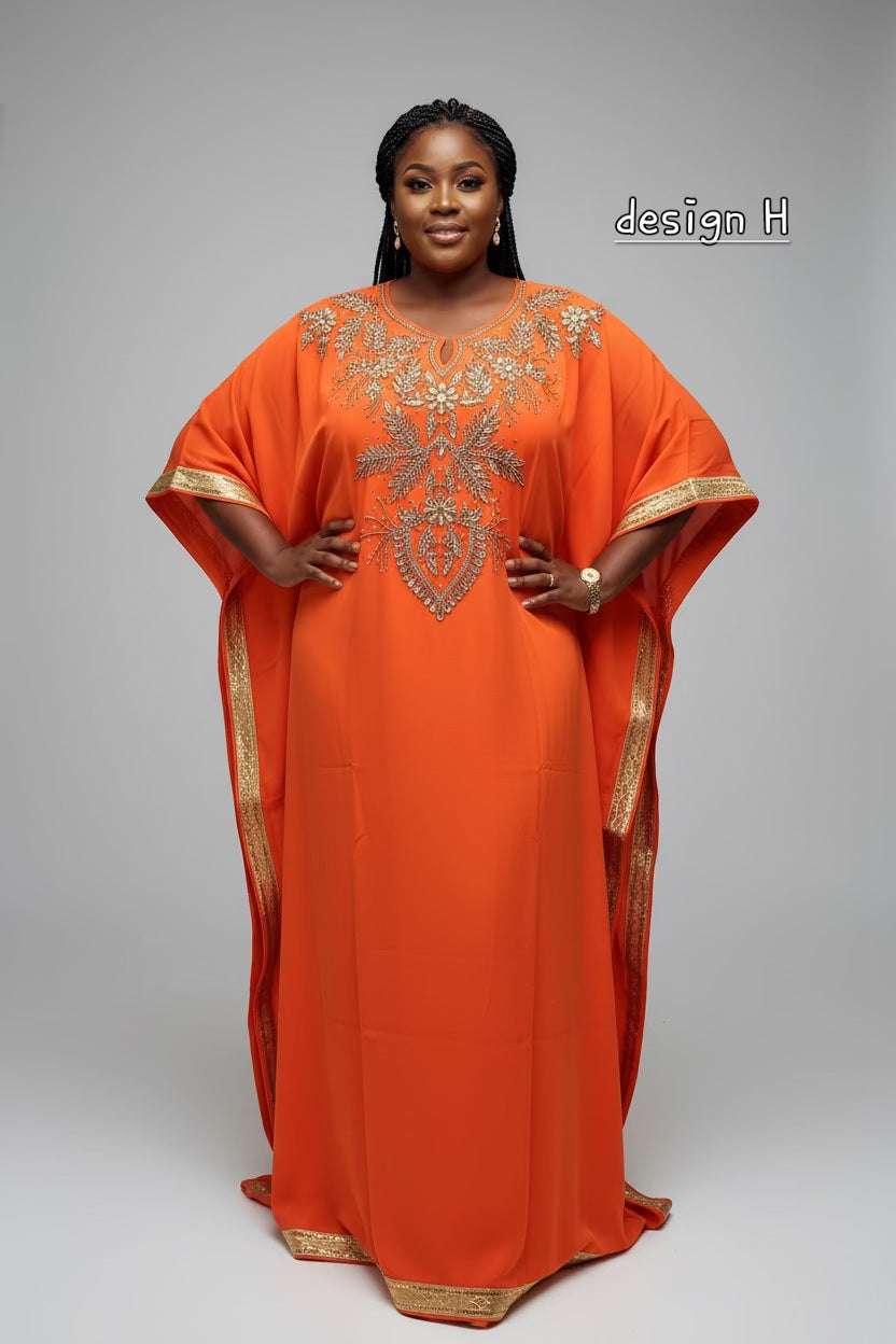 Beaded kaftan Dress With Border Orange 102 – India Batik
