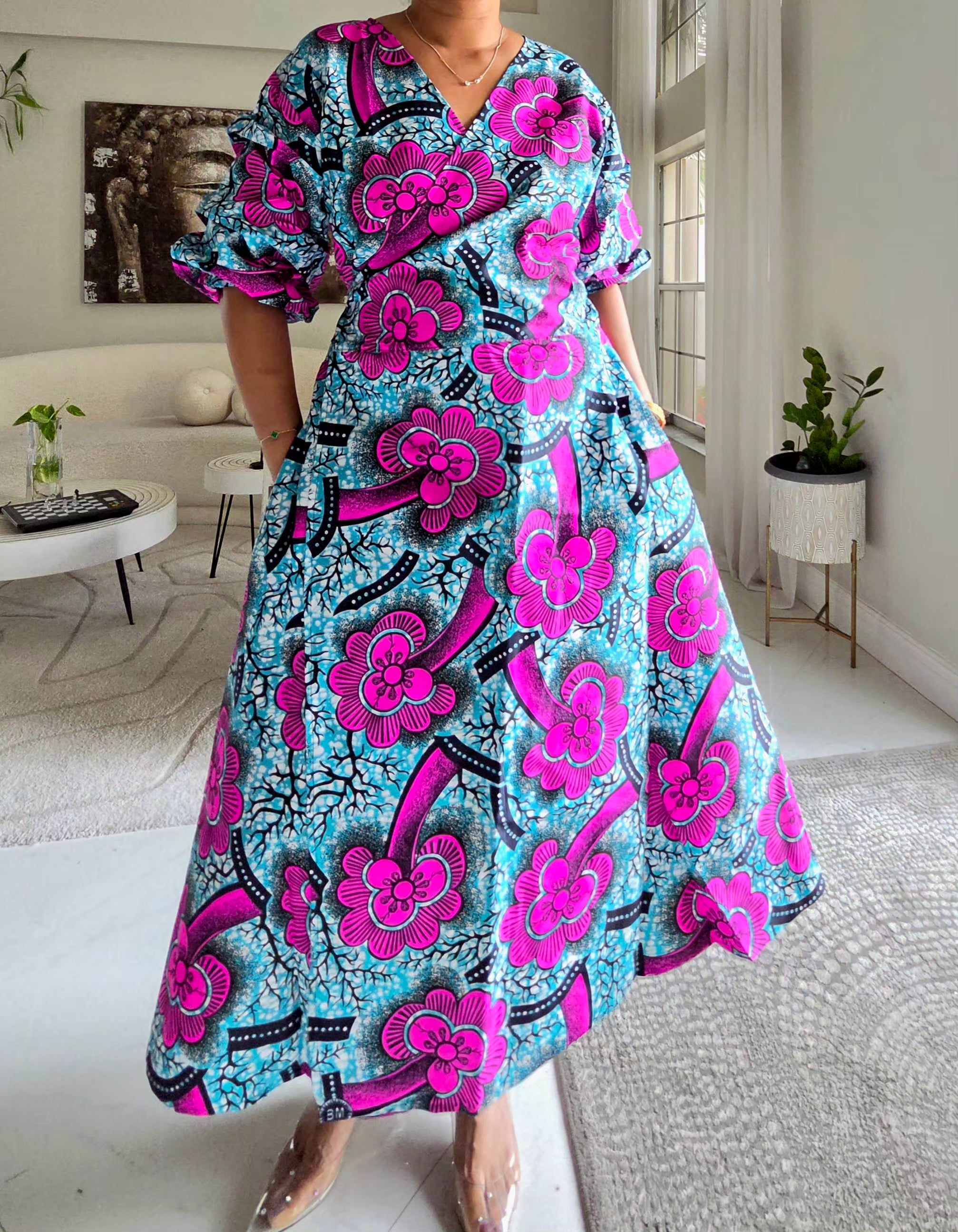 746 Wrap Dress With Puffed Sleeves Print 742