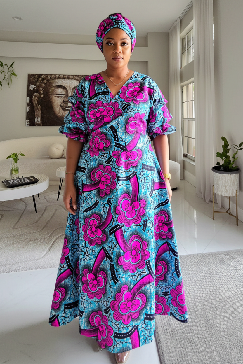 746 Wrap Dress With Puffed Sleeves Print 742