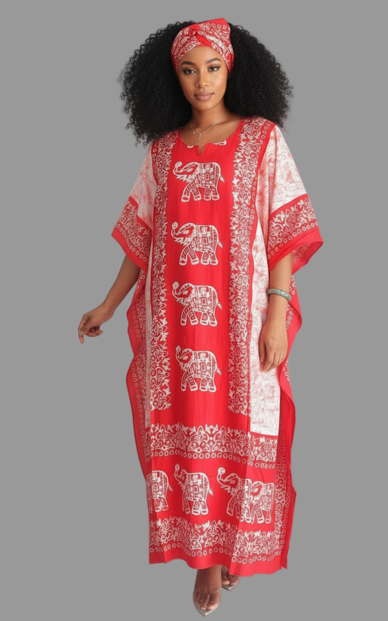 K1000 Women Elephant Print  Kaftan Dress - Red