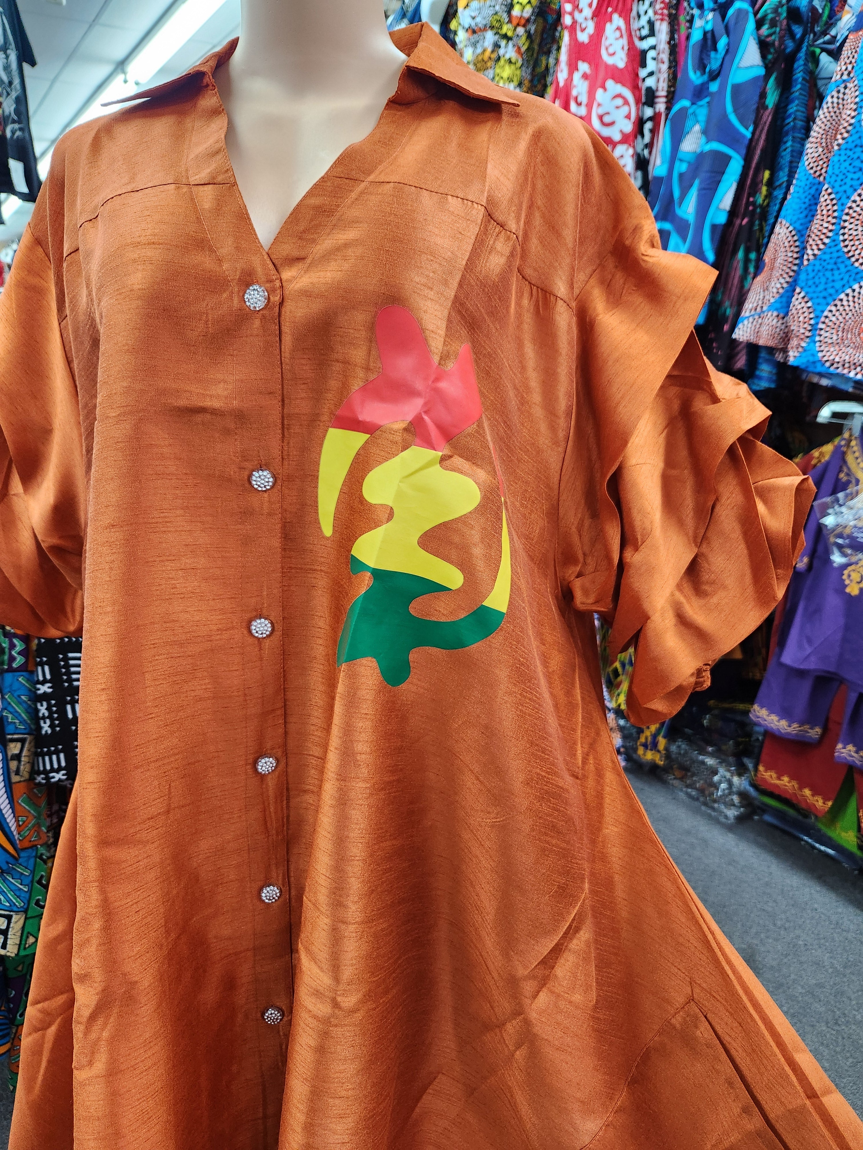 Swing Dress/ Faux Silk/ Ruffle Sleeve With Gyname Decal 758G Rust Orange