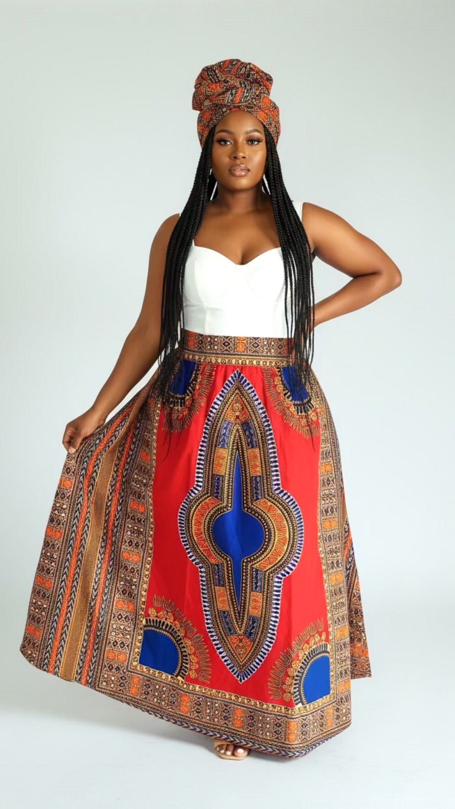 Women Long Dashiki Print Skirt - 6011D Red/Blue