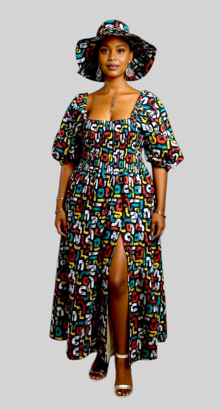 Maxi Slit Dress with Hat & Scarf Set SD01 Multi2