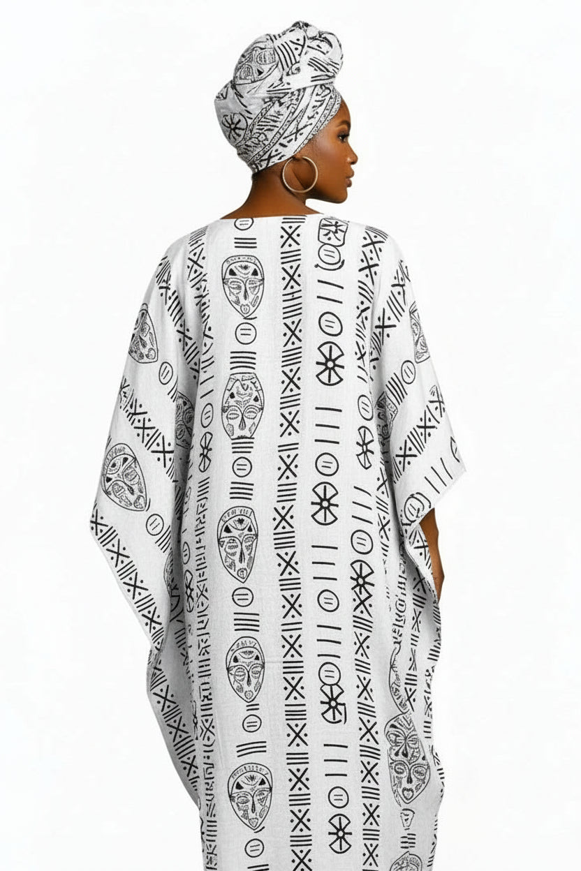 Kaftan Dress / Tribal Print White/Black KF02