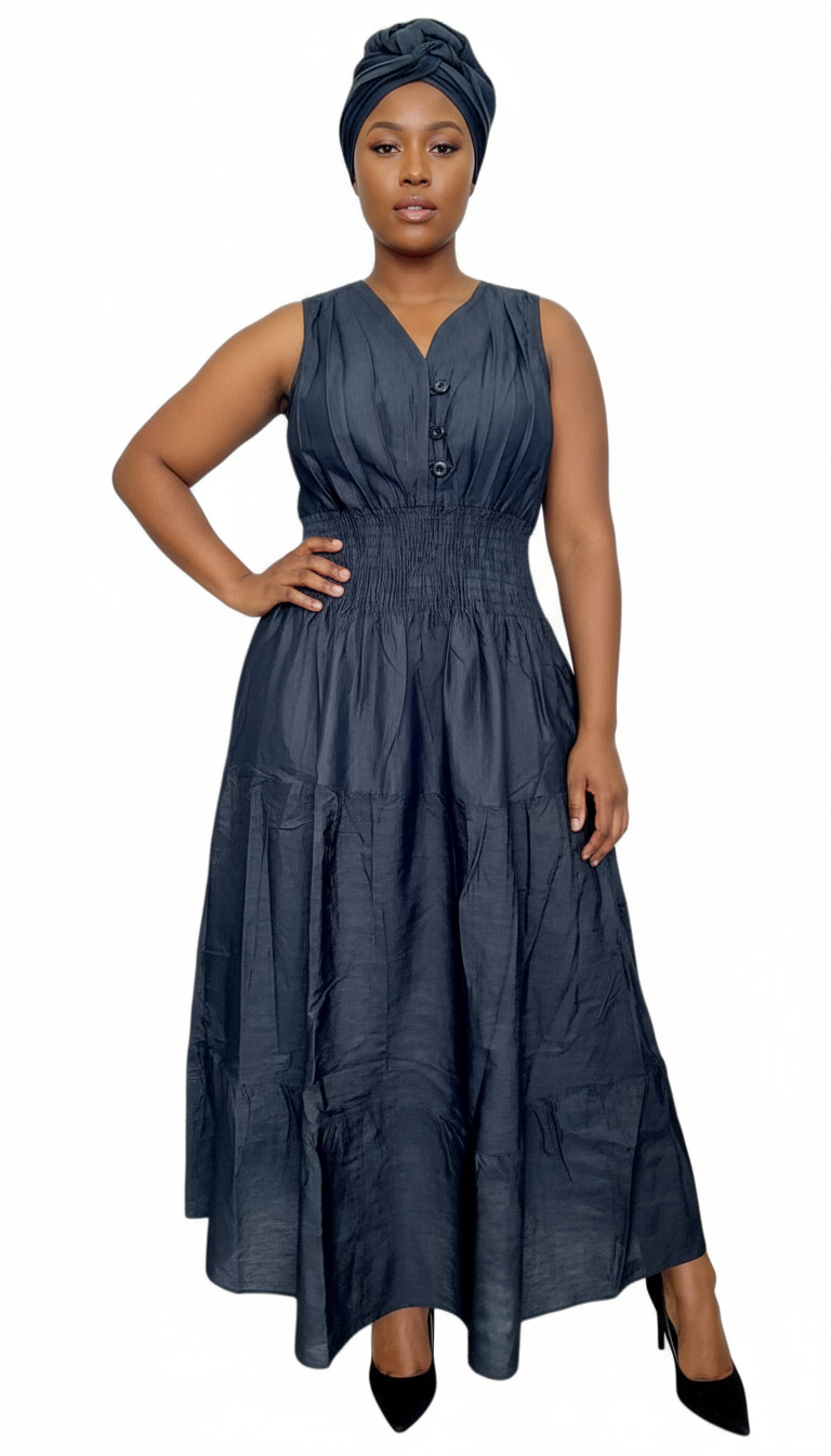 Smocked Halter Dress With Scarf Black Denim - 3028L